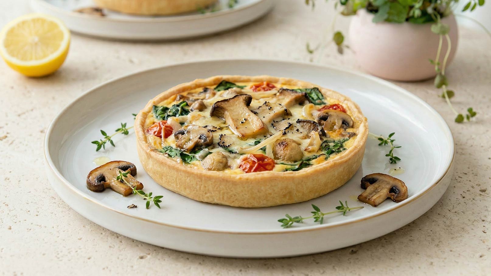 Ein Teller mit einer herzhaften Quiche, die mit Spinat, Kirschtomaten und Pilzen gefüllt ist. Die Quiche hat einen goldbraunen Rand und liegt auf einem weißen Teller, dekoriert mit frischen Kräutern. Eine halbe Zitrone ist neben dem Teller platziert.