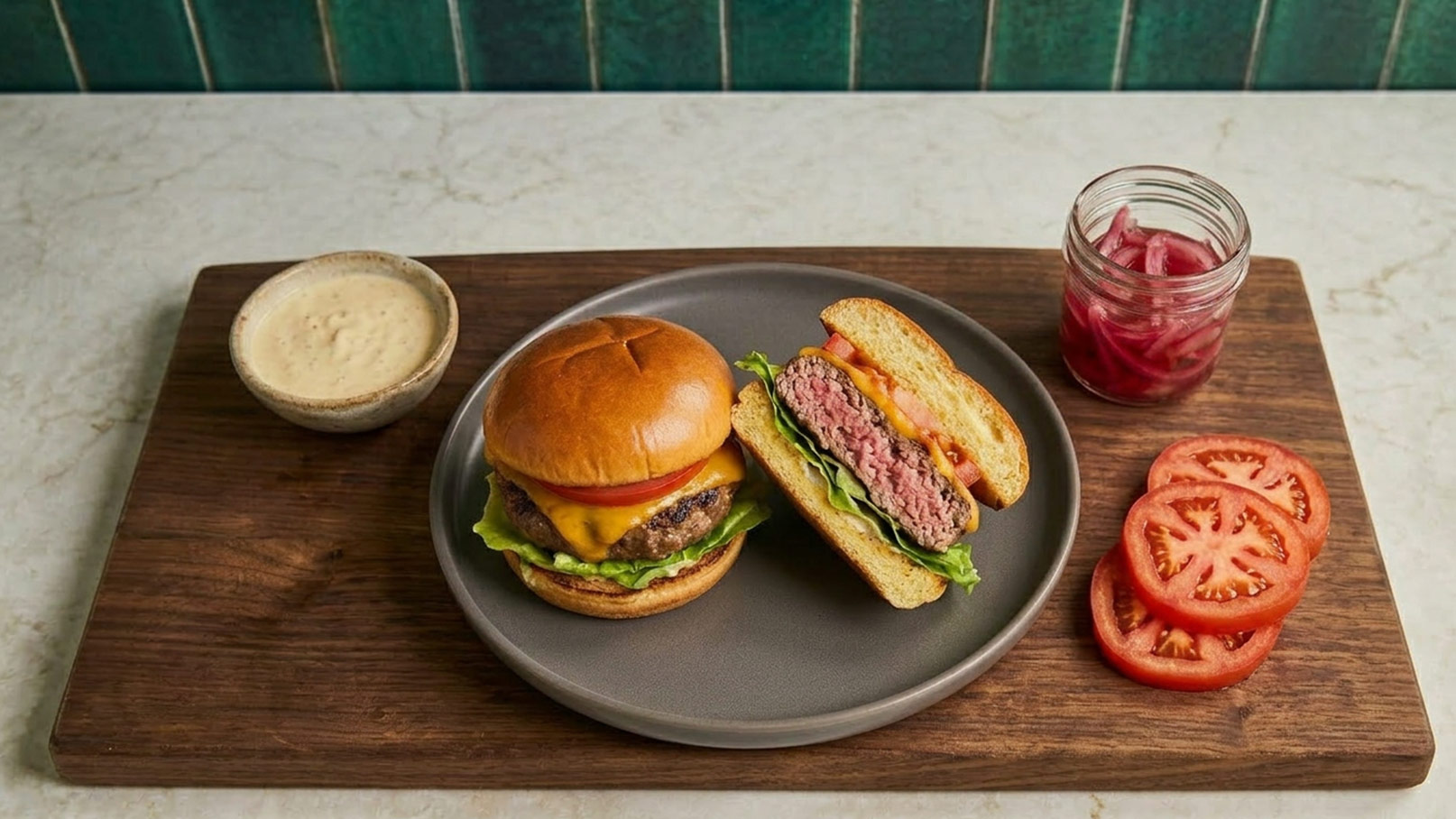 Ein saftiger Burger mit Käse und frischem Salat auf einem grauen Teller. Daneben befindet sich ein halber Burger, der Fleisch und Slices von Tomate zeigt. Zudem gibt es ein Glas mit roten Zwiebeln und eine Schale mit einer Sauce auf einem Holzbrett.