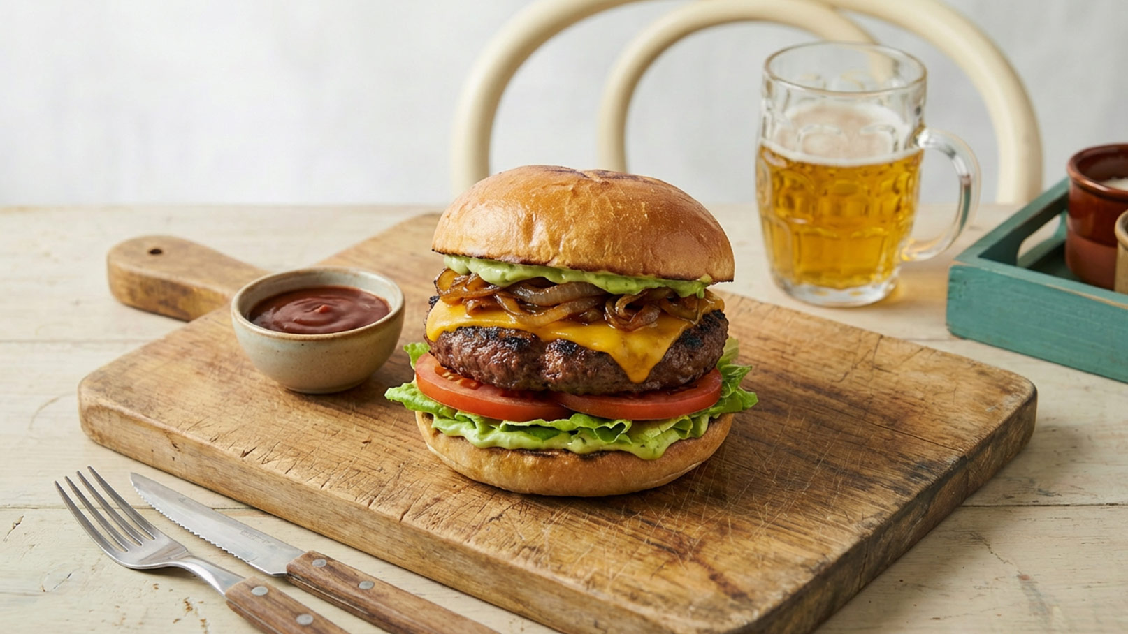 Ein saftiger Burger mit einem großen Patty, Cheddar-Käse, Röstzwiebeln, Tomaten und Salat zwischen zwei Brötchenhälften. Daneben ein kleiner Schüssel mit Ketchup und ein Bierglas. Der Burger steht auf einem Holzbrett.