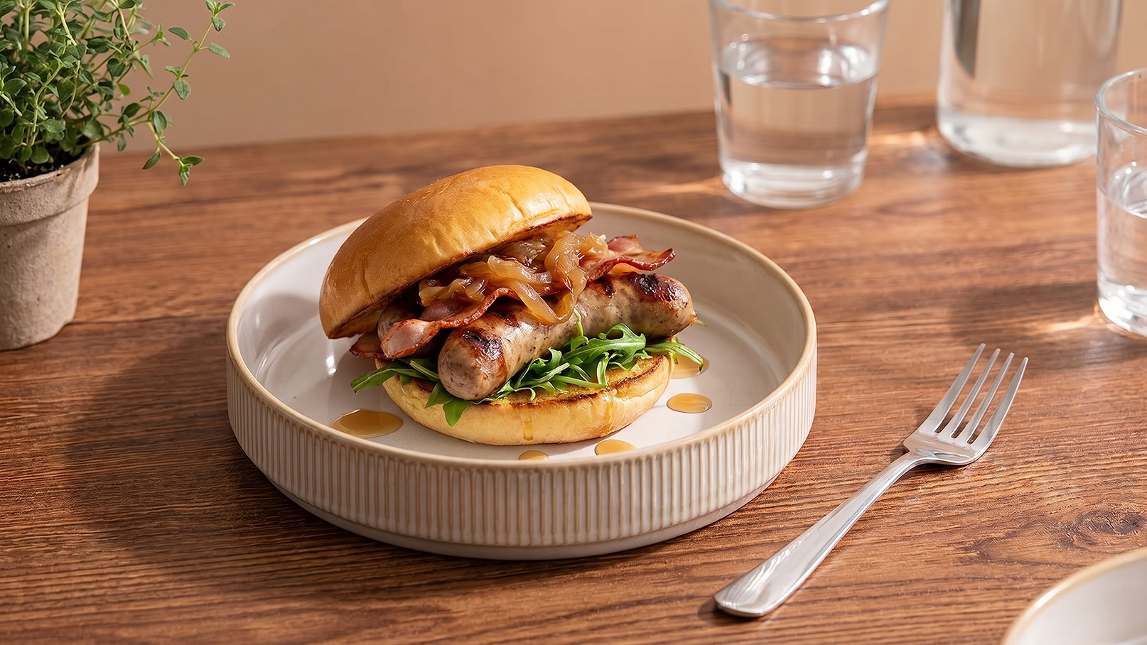 Ein saftiger Burger mit einer Wurst, belegt mit frischem Römersalat, gebratenem Speck und karamellisierten Zwiebeln, auf einem weichen Brötchen. Der Burger wird auf einem runden Teller serviert, umgeben von Wassergläsern und einer kleinen Topfpflanze im Hintergrund.