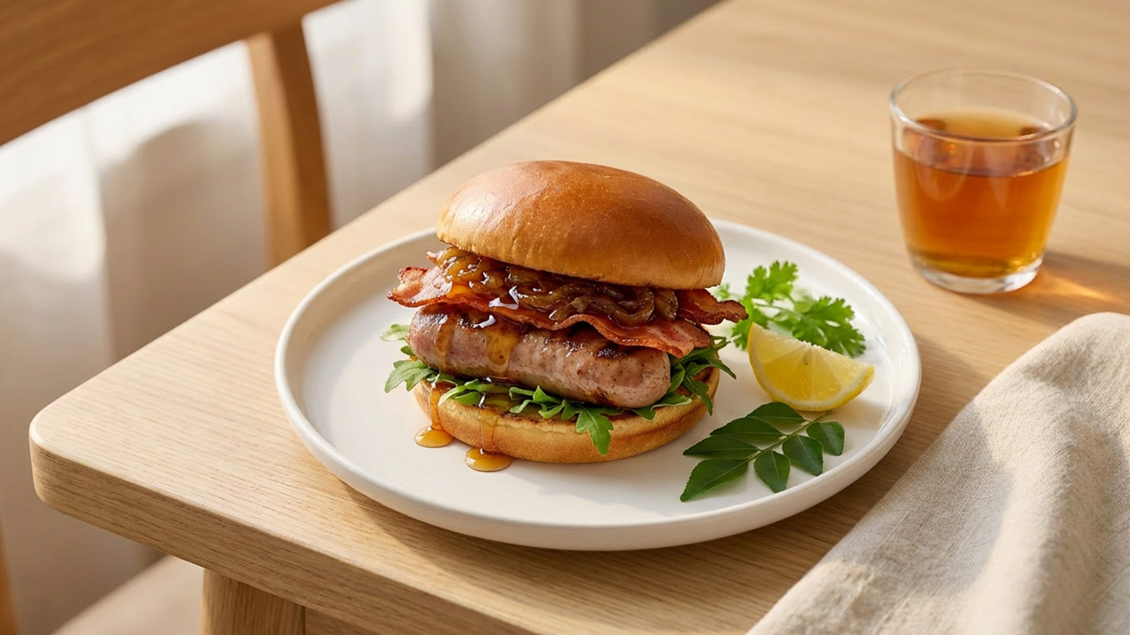 Ein gegrillter Burger auf einem weißen Teller, gefüllt mit einer Fleischpatty, knusprigem Speck und frischen Blättern. Neben dem Burger liegt eine Zitronenscheibe zur Garnierung. Im Hintergrund steht ein Glas mit einem dunklen Getränk.