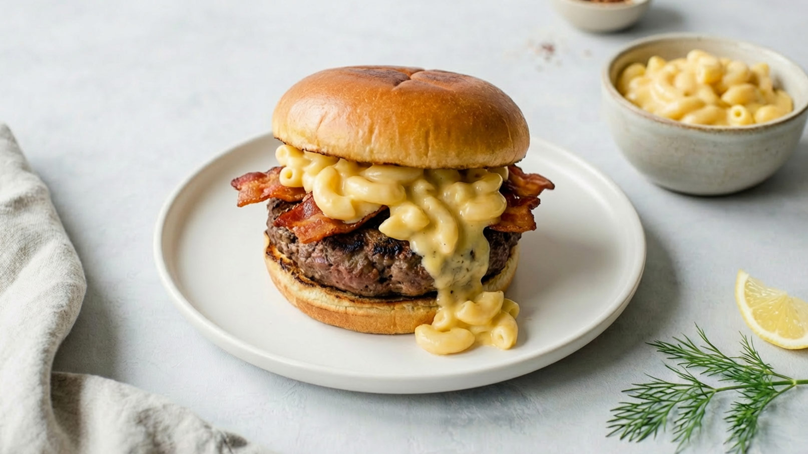 Ein saftiger Burger mit einem gebratenen Patty, belegt mit knusprigem Bacon und cremiger Macaroni-Käse-Sauce, in einem weichen Brötchen. Daneben befindet sich eine Schüssel mit zusätzlichem Mac and Cheese.
