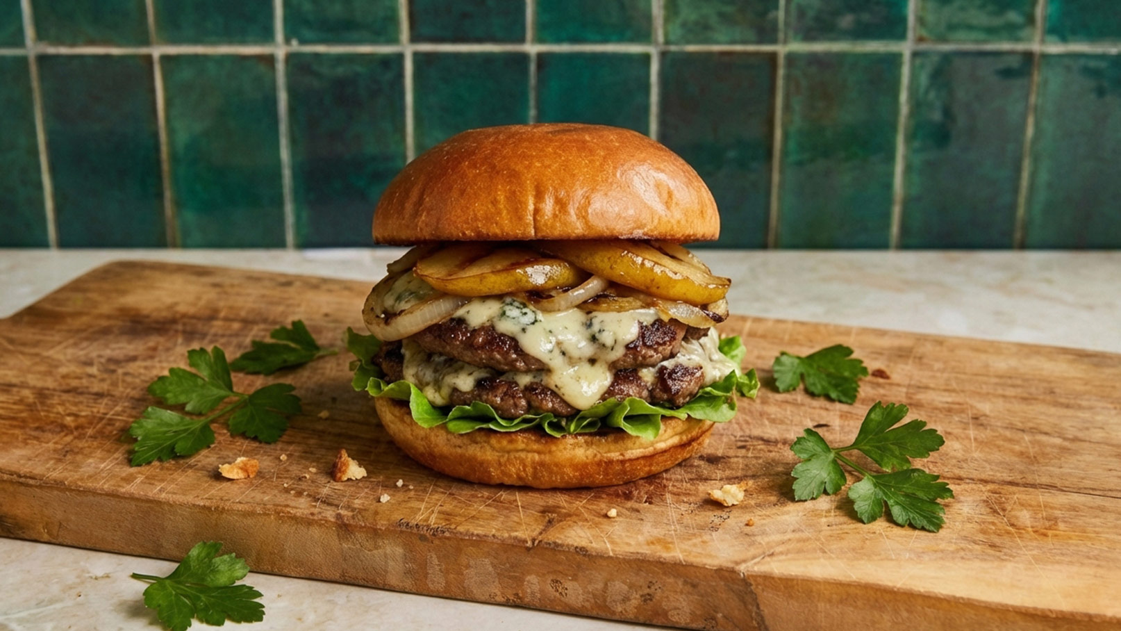 Ein saftiger Burger mit einem weicheren Brötchen, gefüllt mit gemischtem Blatt, Rindfleisch, geschmolzenem Käse und gebratenen Zwiebeln. Der Burger liegt auf einem Holzteller, umgeben von frischen Korianderblättern.