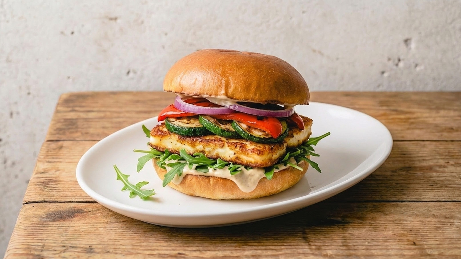 Ein saftiger Burger auf einem weißen Teller. Der Burger besteht aus einem weichen Brötchen, gegrilltem Halloumi-Käse, frischen Tomaten, Gurken und roten Zwiebeln, garniert mit Rucola. Die Präsentation erfolgt auf einem rustikalen Holztisch.