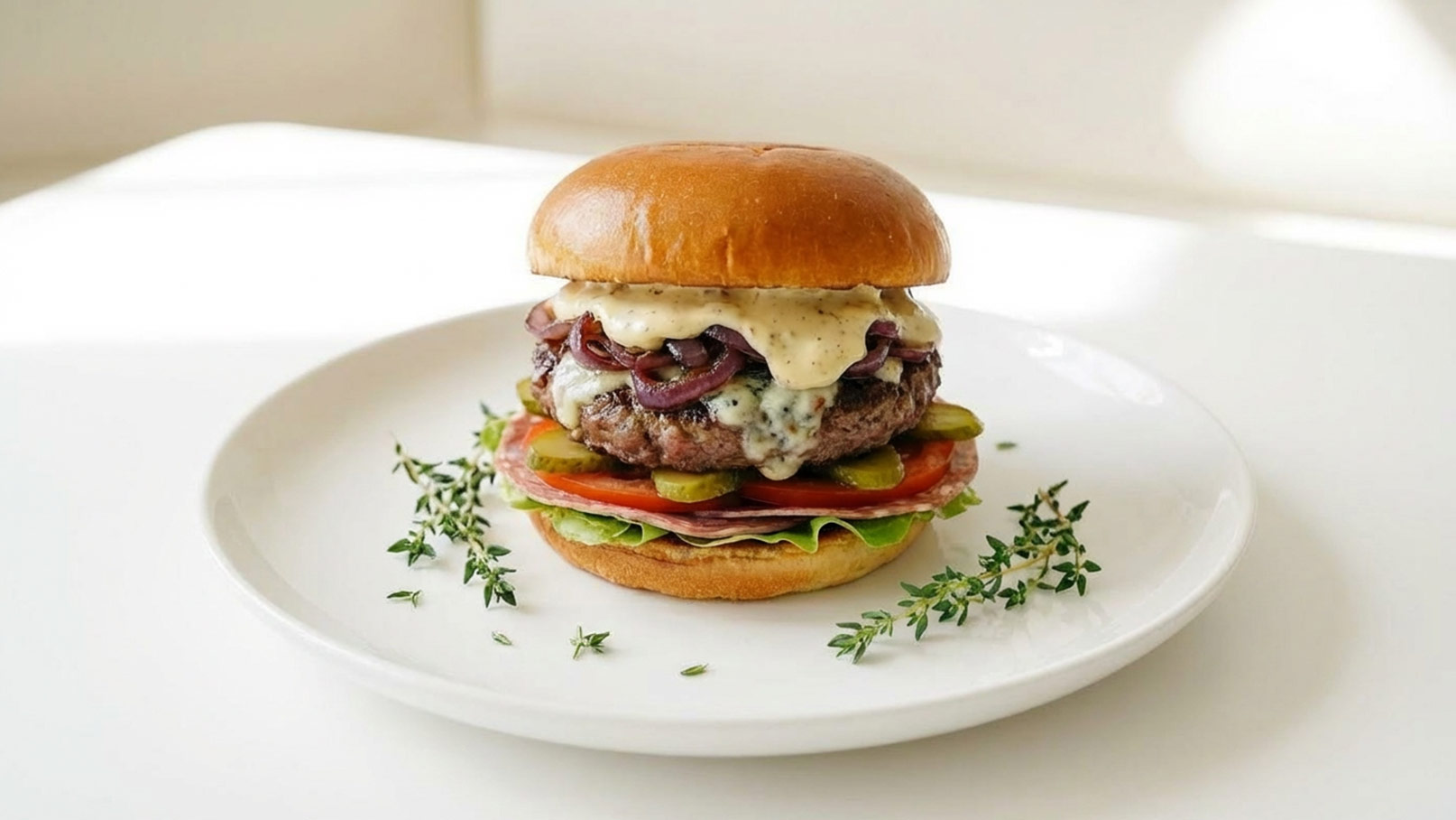 Ein saftiger Hamburger mit einem weichen Brötchen, gefüllt mit einem Patty, karamellisierten Zwiebeln, geschmolzenem Käse, Tomaten, Gurken und Salat. Der Burger wird von frischen Thymianzweigen auf einem weißen Teller umgeben.