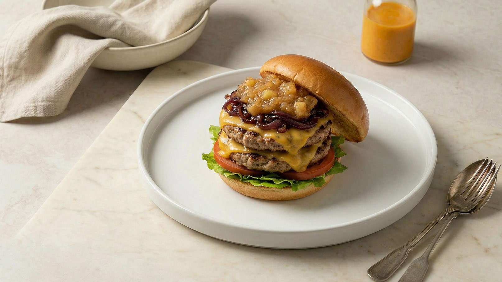 Ein üppiger Hamburger auf einem weißen Teller, gefüllt mit zwei Patty, geschmolzenem Käse, Tomatenscheiben und frischem Salat. Oben auf dem Brötchen befindet sich eine süße Sauce, die den Burger verziert. Im Hintergrund ist ein Glas mit einer gelben Sauce zu sehen.