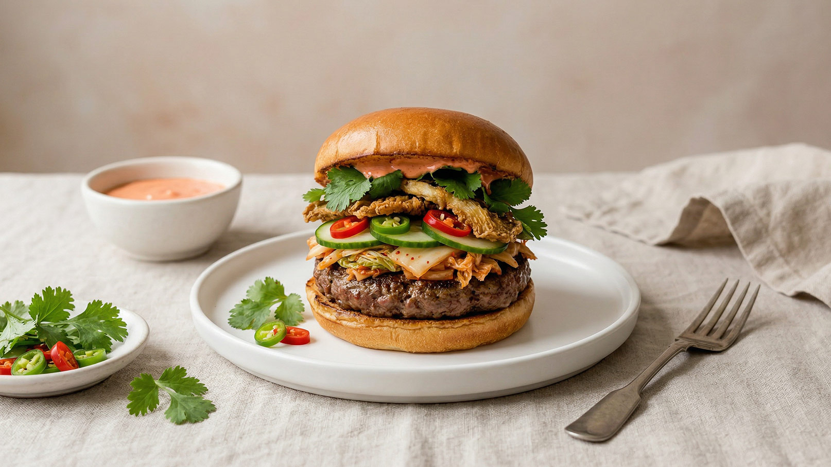 Ein saftiger Burger auf einem weißen Teller, belegt mit einem Patty, Salat, Gurken und scharfen Jalapeños. Frische Korianderblätter zieren den Burger. Neben dem Teller steht eine kleine Schale mit einer roten Sauce. Im Hintergrund eine neutrale, helle Oberfläche.