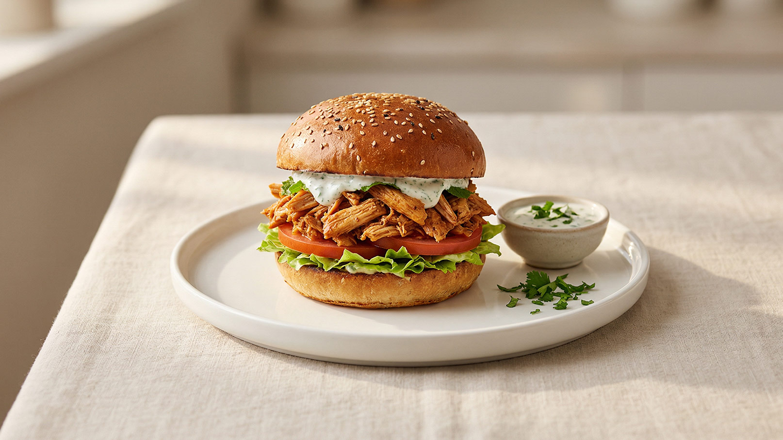 Ein saftiger Burger auf einem Teller, gefüllt mit zartem Hähnchenfleisch, frischem Salat und Tomaten. Neben dem Burger befindet sich eine kleine Schüssel mit einer cremigen Sauce. Der Burger wird von einem Sesambrötchen umschlossen.