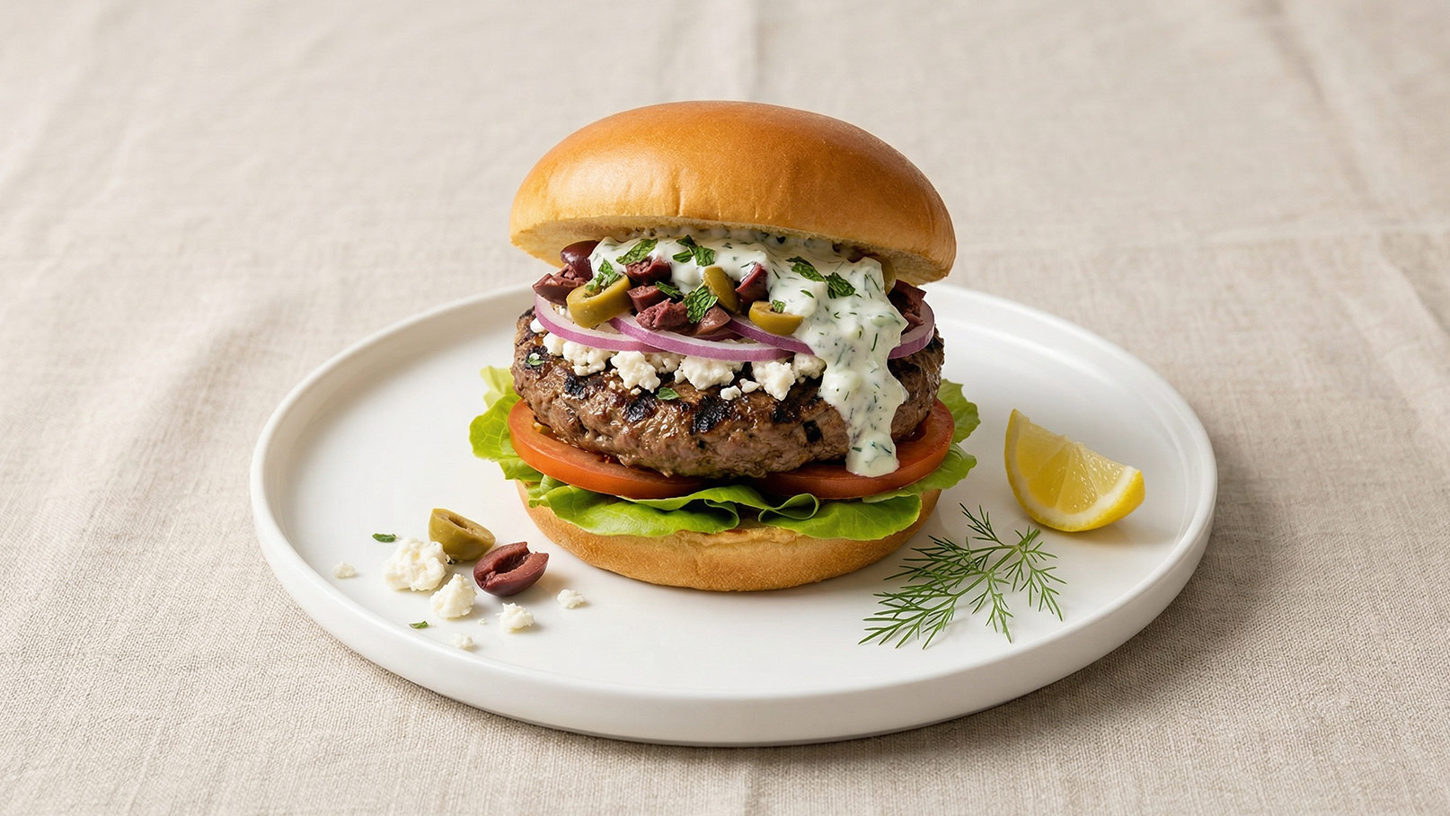 Ein saftiger Burger auf einem weißen Teller, belegt mit einer Pattie aus Rindfleisch, frischem Salat, Tomatenscheiben und roten Zwiebeln. Garniert mit Feta, Oliven und einer cremigen Sauce. Ein Stück Zitrone und frischer Dill liegen daneben. Der Burger ist in einem weichen Brötchen.