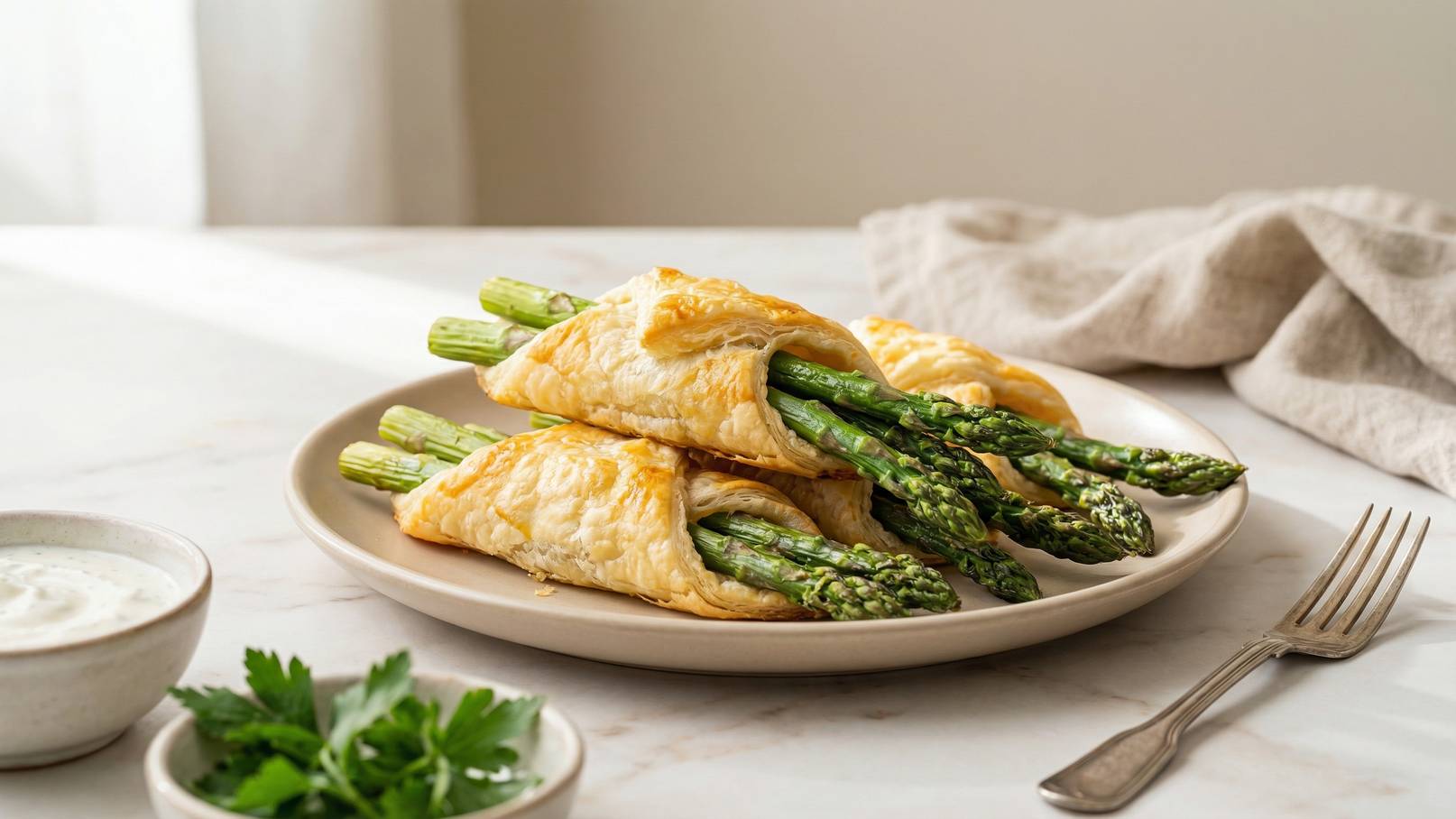 Ein Teller mit gefülltem Blätterteig, der grüne Spargel enthält. Daneben befindet sich eine kleine Schale mit einer weißen Sauce und ein paar frische Kräuter. Das Bild vermittelt eine appetitliche Atmosphäre.