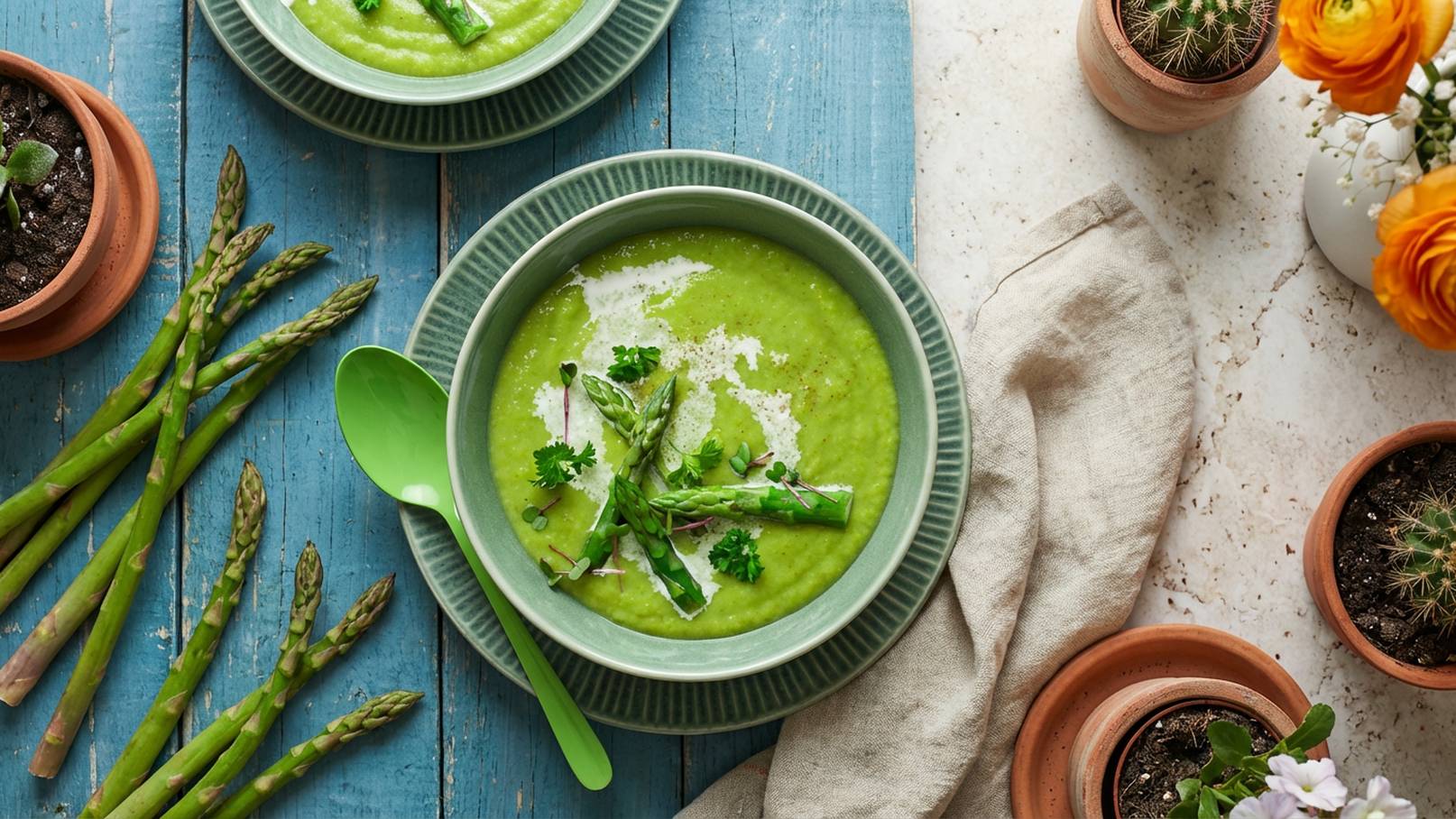 Zwei Schalen mit grüner Spargelsuppe auf einem blauen Tisch. Die Suppe ist mit frischem Spargel und Kräutern garniert. Neben den Schalen liegen grüne Löffel sowie Töpfe mit Pflanzen. Die Szene vermittelt eine frische und gesunde Kücheneinstellung.