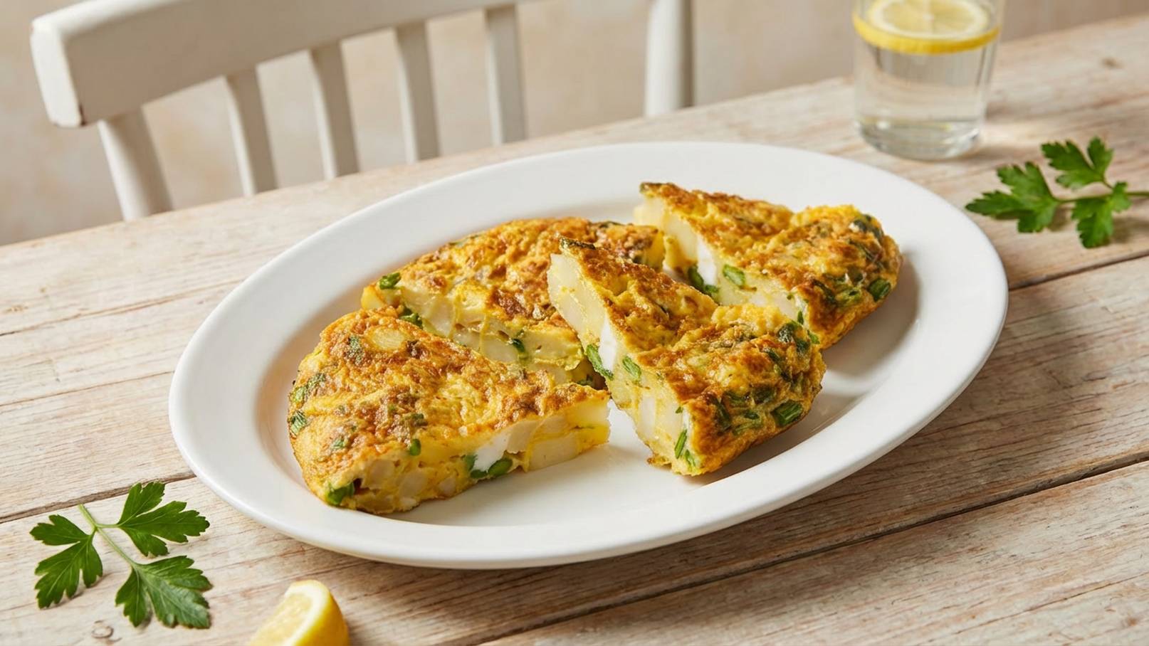 Ein ovaler Teller zeigt eine in Stücke geschnittene Tortilla, die aus Eiern, Kartoffeln und frischen Kräutern besteht. Die Tortilla hat eine goldbraune Farbe und ist saftig. Neben dem Teller befinden sich einige frische Kräuter und eine Zitrone.