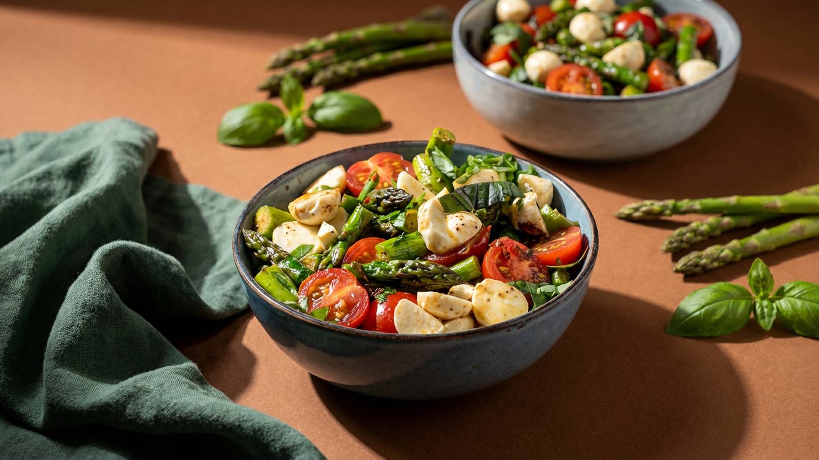 Eine Schüssel Salat mit frischen Tomaten, Spargel und Mozzarella-Kugeln, garniert mit Basilikum. Im Hintergrund steht eine zweite Schüssel Salat. Der Tisch ist braun und es liegt ein grünes Tuch daneben.