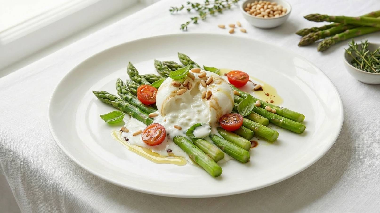 Ein Teller mit grünem Spargel, belegt mit halbierten Kirschtomaten und frischem Basilikum. Obenauf befindet sich eine Portion Burrata, umringt von gerösteten Pinienkernen und einem Schuss Olivenöl. Das Gericht ist ansprechend auf einem weißen Tisch arrangiert.