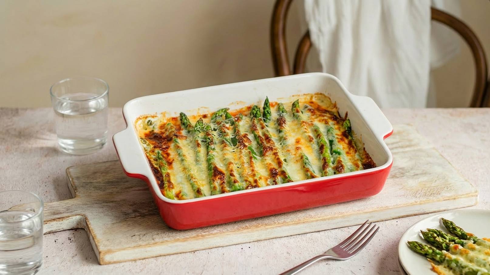 Ein rotes Auflaufform enthält einen frisch gebackenen Spargelauflauf, bedeckt mit Käse und goldbraunem Belag. Der Auflauf ist mit grünen Spargelstangen garniert. Im Hintergrund stehen Gläser mit Wasser, auf einem Holzbrett liegt eine Gabel.