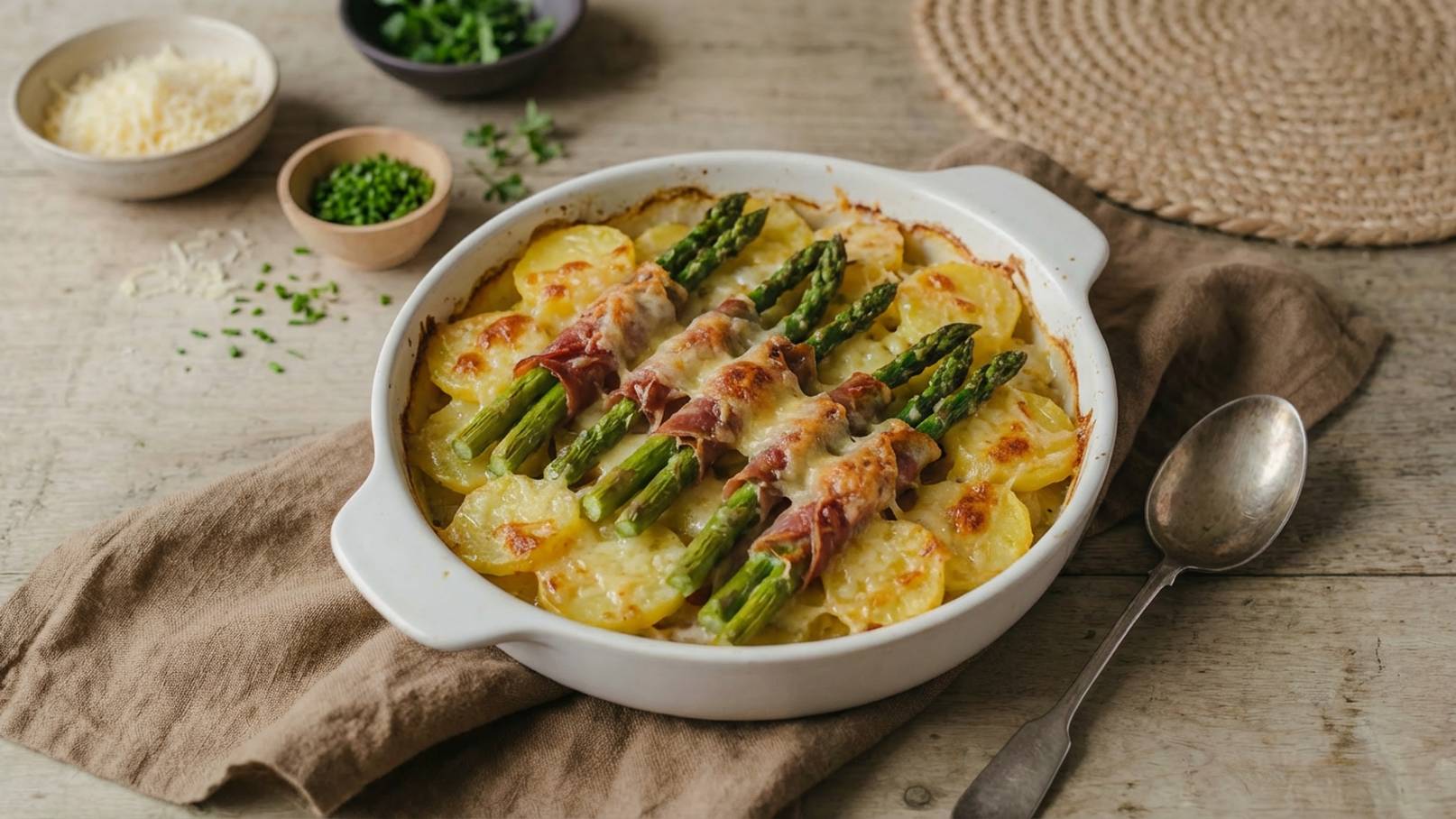 Ein Auflauf mit Kartoffeln und grünem Spargel, der mit Schinken umwickelt ist, wird in einer weißen Auflaufform präsentiert. Neben dem Gericht liegen frische Kräuter in kleinen Schalen. Der Hintergrund zeigt eine rustikale Tischoberfläche.