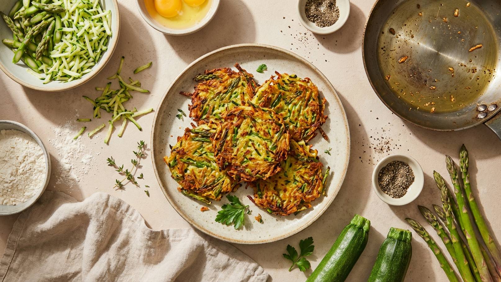 Ein Teller mit knusprigen Zucchini-Pfannkuchen in der Mitte, umgeben von frischen Zutaten wie Zucchini, Eier und Gewürzen. Einige Schalen enthalten gehacktes Gemüse und andere Zutaten, die für die Zubereitung der Pfannkuchen benötigt werden.