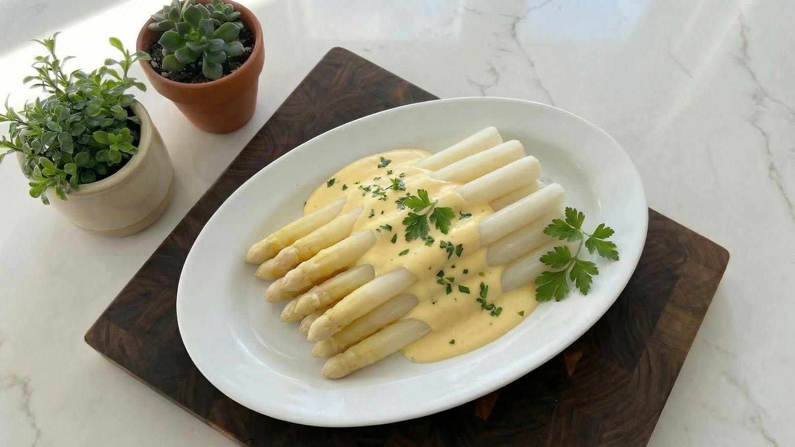 Ein Teller mit weißen Spargelstangen, serviert mit einer hellen, cremigen Sauce, die mit Kräutern verfeinert ist. Neben dem Spargel liegen geviertelte hartgekochte Eier. Der Teller ist auf einer schwarzen, strukturierten Oberfläche platziert.