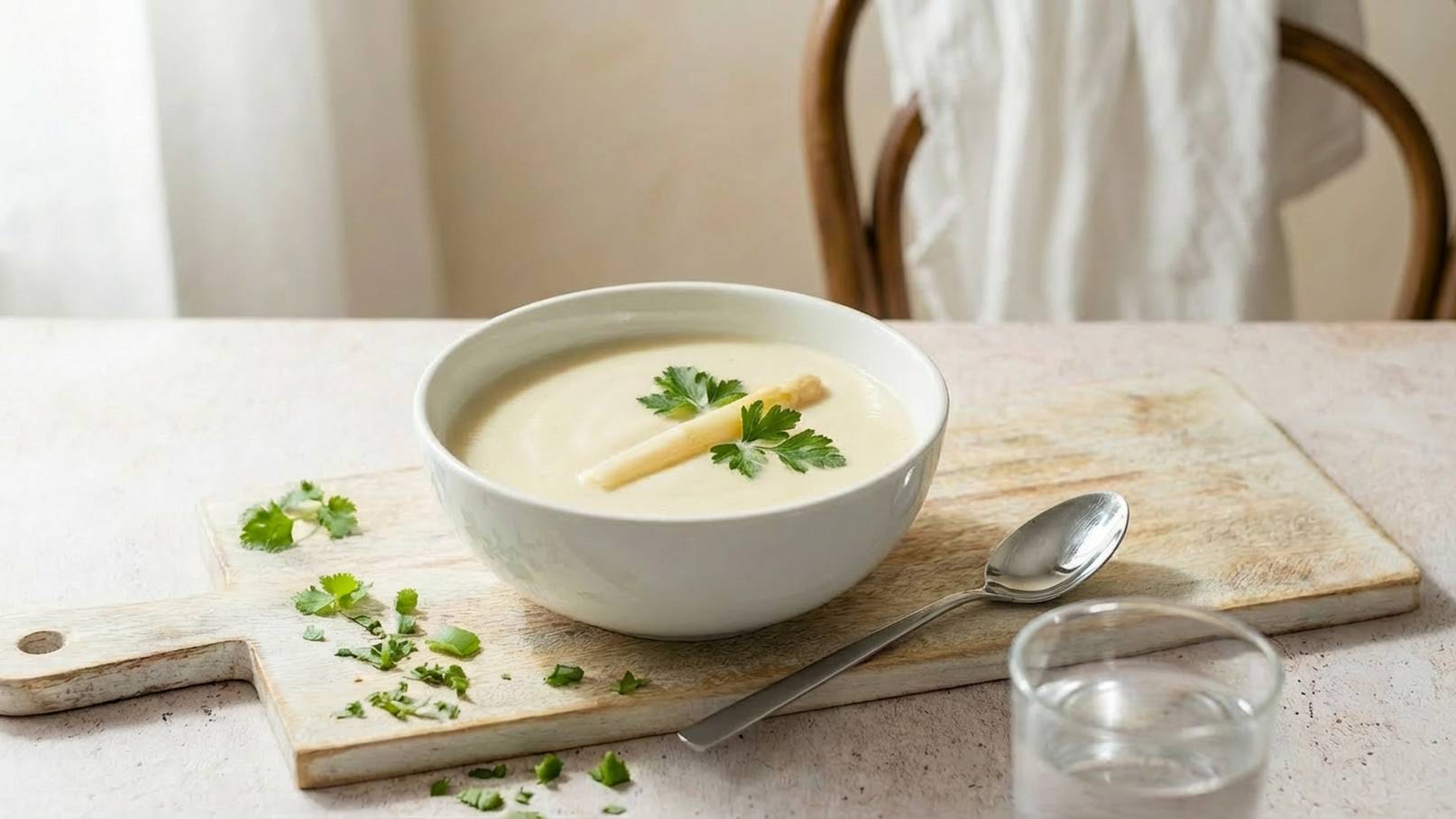 Eine weiße Schüssel mit cremiger Suppe steht auf einem Holzbrett. Die Suppe ist mit frischen Kräutern und einem Spargelstück garniert. Neben der Schüssel liegt ein Löffel, und ein Glas Wasser befindet sich in der Nähe.