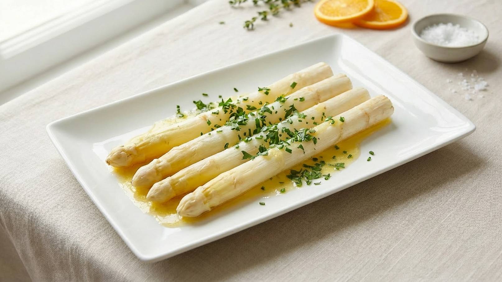 Ein Teller mit vier gekochten weißen Spargeln, dekoriert mit frisch gehacktem grünen Schnittlauch. Der Spargel liegt in einer leichten Sauce. Im Hintergrund sind eine Orangenscheibe und eine Schale mit Salz sichtbar, die jedoch die Hauptaufnahme nicht dominieren.