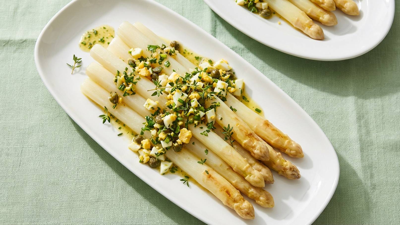 Ein weißer Spargel auf einem weißen Teller, garniert mit gehacktem Ei und frischen Kräutern. Der Spargel ist mit einer leichten Sauce überzogen. Im Hintergrund ist ein weiterer Teller mit ähnlichem Gericht zu sehen. Der Tisch ist mit einer grünen Tischdecke gedeckt.