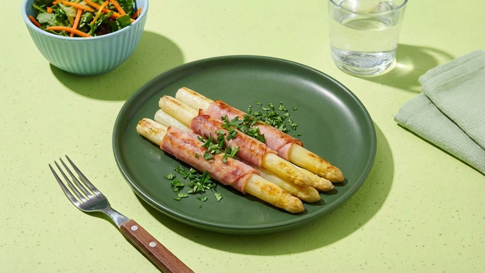 Auf einem grünen Teller liegen drei in Schinken eingewickelte Spargelstangen, garniert mit frischen Kräutern. Im Hintergrund befindet sich eine Schale mit gemischtem Salat und ein Glas Wasser. Der Tisch ist hellgrün.