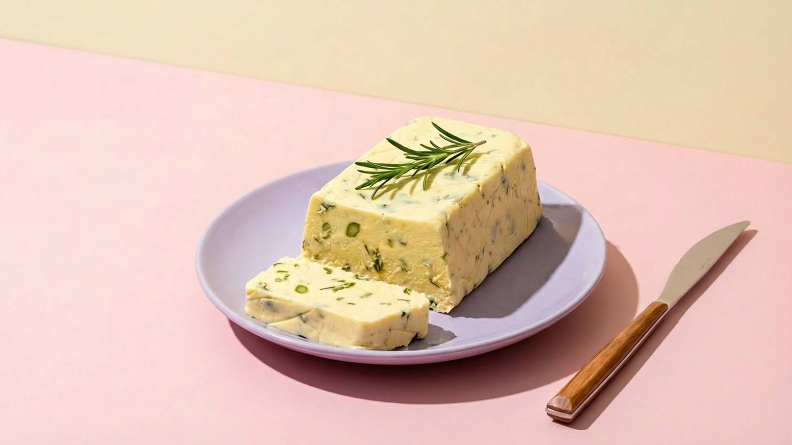 Ein Stück Kräuterbutter liegt auf einem runden, mauvefarbenen Teller. Ein Teil ist bereits in Scheiben geschnitten. Die Butter ist mit frischem Rosmarin dekoriert und auf einem zart rosa Hintergrund platziert. Ein Messer aus Edelstahl mit einem Holzgriff liegt neben dem Teller.