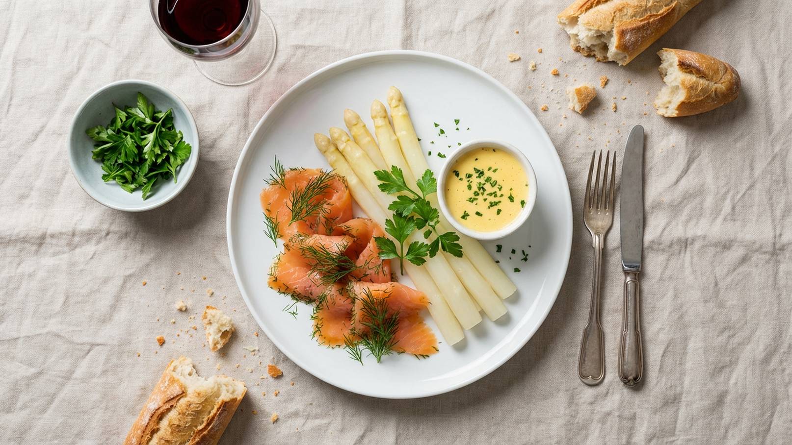 Ein Teller mit gekochtem Spargel, geräuchertem Lachs und einer aromatischen Senfsauce. Frischer Dill und Petersilie sind als Garnitur darauf verteilt. Neben dem Teller steht ein Glas Rotwein und eine Schale mit gehackten Kräutern. Dazu Brotstückchen auf dem Tisch.