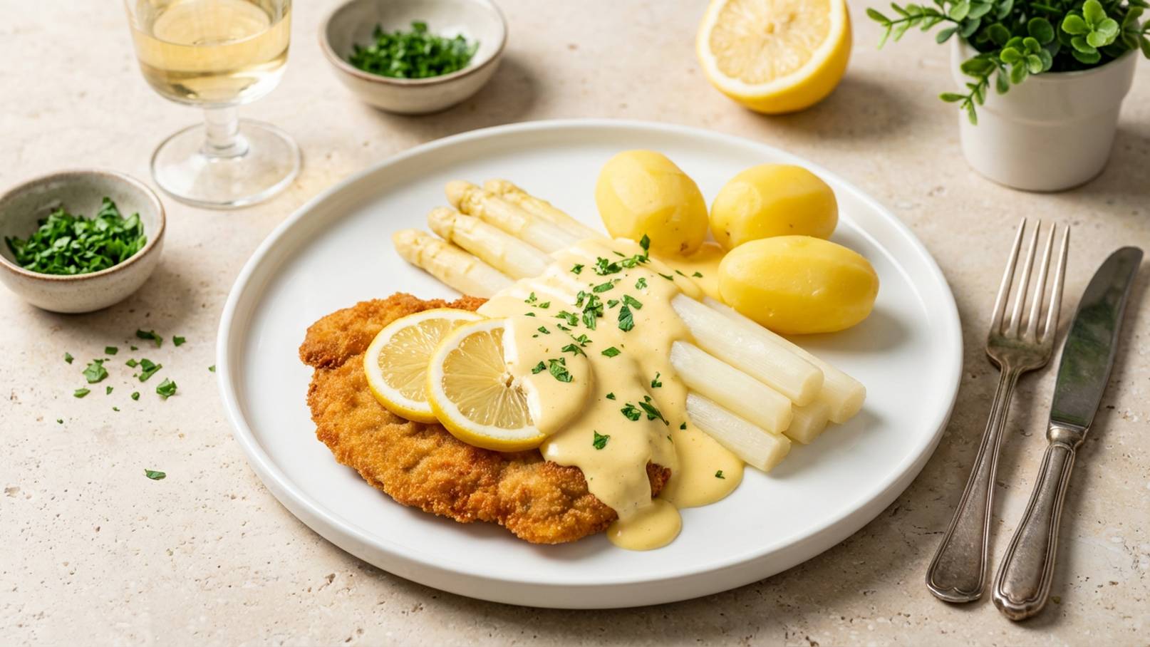 Auf dem Teller wird ein paniertes Schnitzel mit Zitronenscheiben serviert, begleitet von Spargel in einer hellen Sauce und gekochten Kartoffeln. Frische Kräuter sind zur Garnierung vorhanden. Im Hintergrund stehen Gläser mit Wein und kleine Schalen mit gehackten Kräutern.