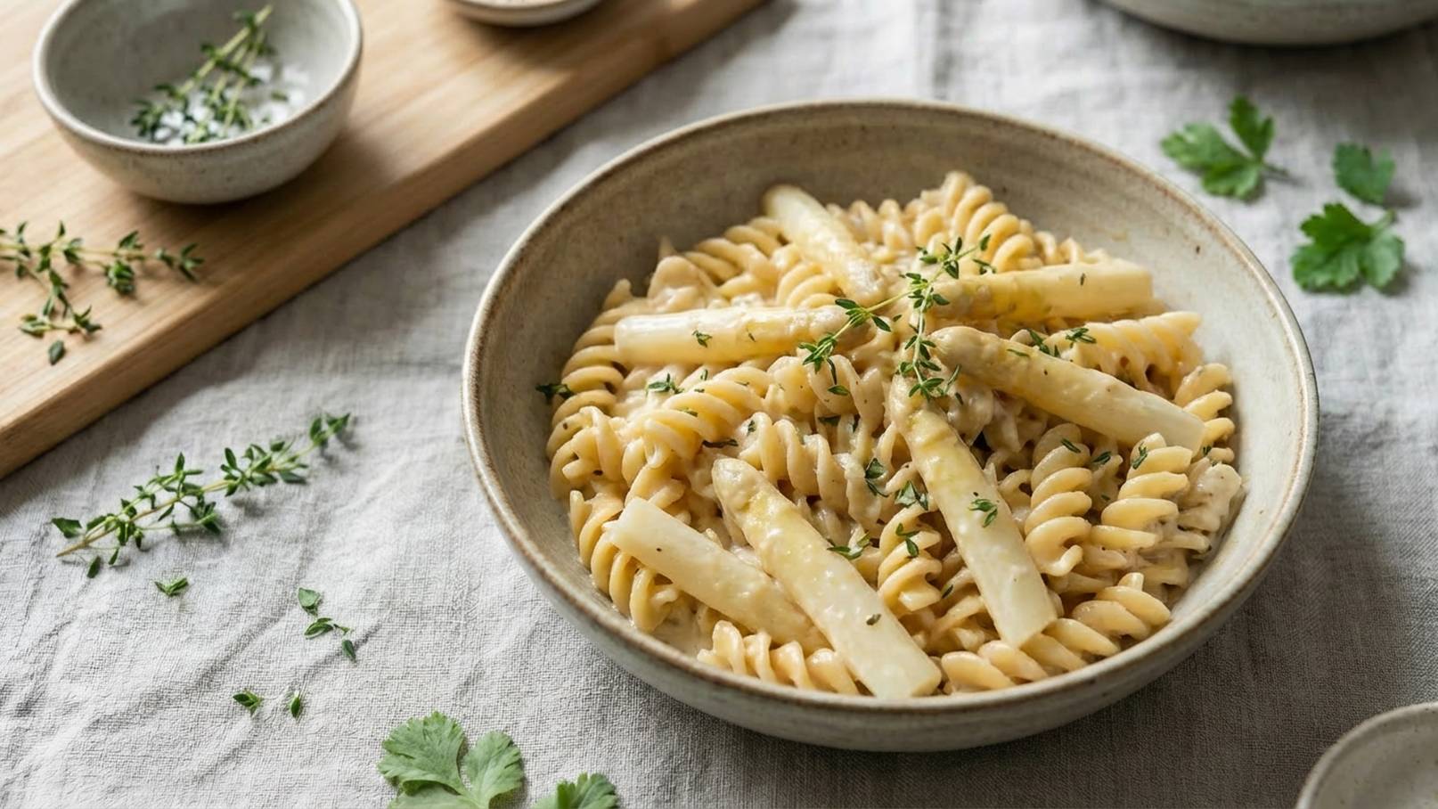Eine Schüssel mit gedrehten Nudeln, garniert mit weißen Spargelstücken und frischen Thymianblättern. Die Nudeln sind in einer cremigen Sauce angerichtet. Im Hintergrund sind einfache Geschirrteile und frische Kräuter zu sehen.