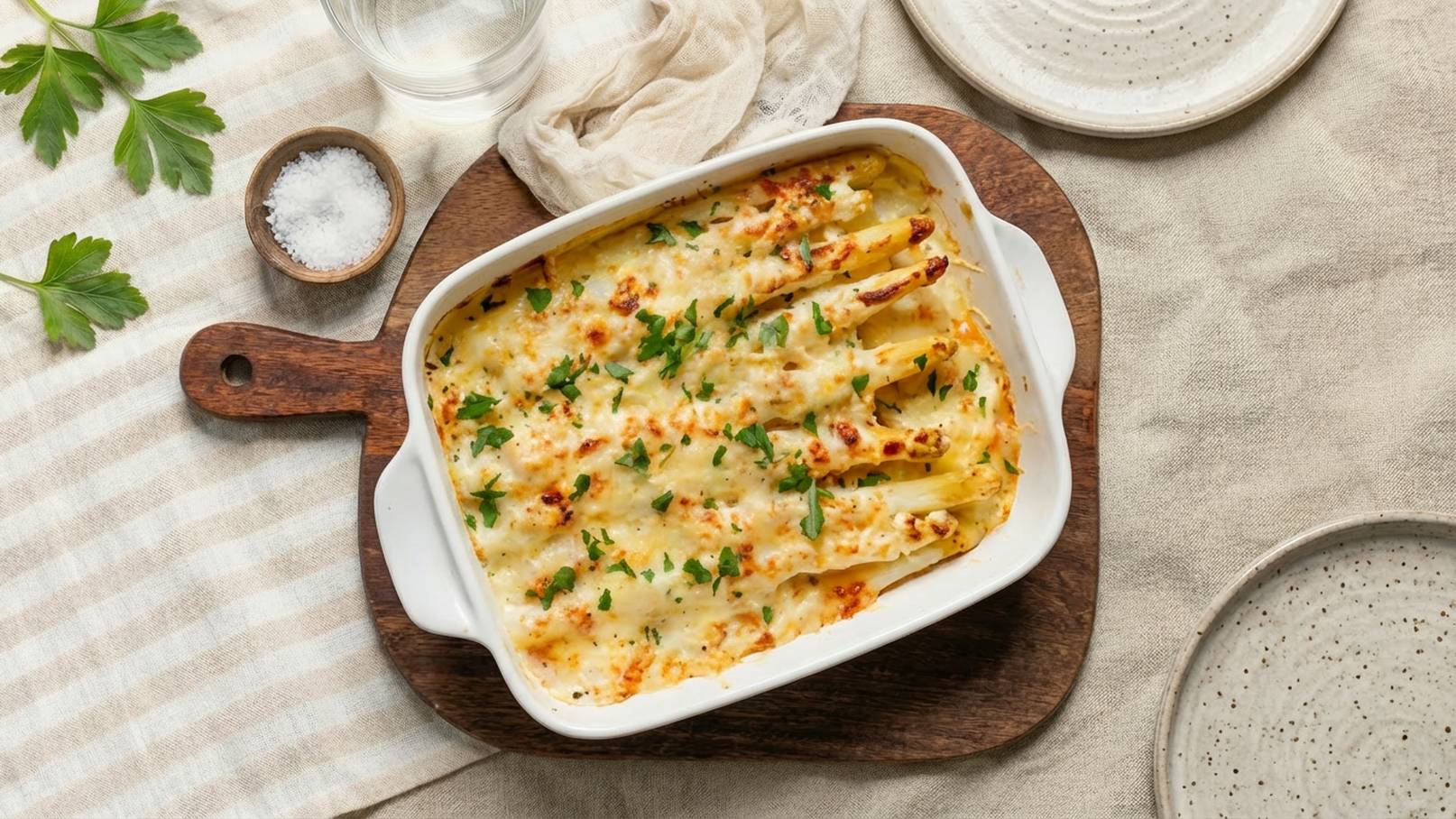 Ein weißes Auflaufform mit einer überbackenen Speise, garniert mit frischem grünen Petersilie. Die oberen Schichten sind goldbraun und der Auflauf befindet sich auf einem Holzbrett, umgeben von einigen Tellern und einer Schüssel mit Salz.