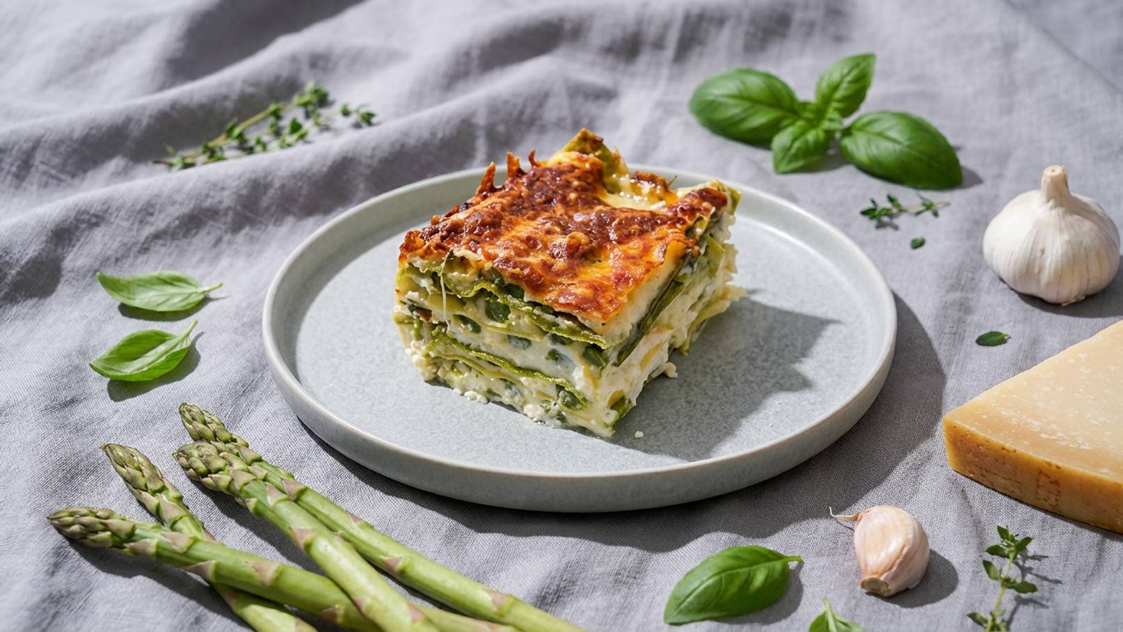Ein Stück Lasagne auf einem grauen Teller, garniert mit frischem Basilikum. Daneben liegen grüne Spargelstangen, Knoblauchzehen und ein Stück Käse. Die Lasagne ist geschichtet und goldbraun überbacken, was einen appetitlichen Eindruck vermittelt.