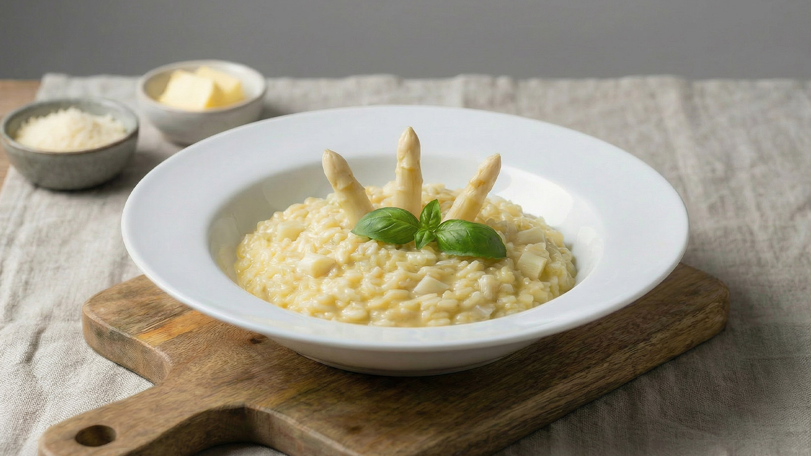 Ein Weißer Teller mit Risotto, belegt mit drei grünen Spargelspitzen und einem Blatt frischem Basilikum. Im Hintergrund sind kleine Schalen mit Butter und Parmesan sichtbar. Der Teller steht auf einem Holzbrett.