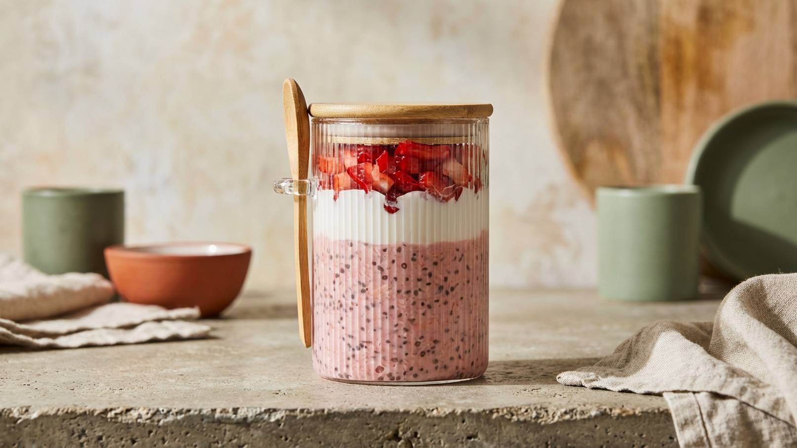 Ein Glas mit zwei Schichten: unten eine rosa Mischung und oben Joghurt, garniert mit frischen Erdbeeren. Das Glas hat einen Holzdeckel. Im Hintergrund sind verschiedene Geschirrteile in sanften Farben und Textilien zu sehen, die eine natürliche Ästhetik vermitteln.