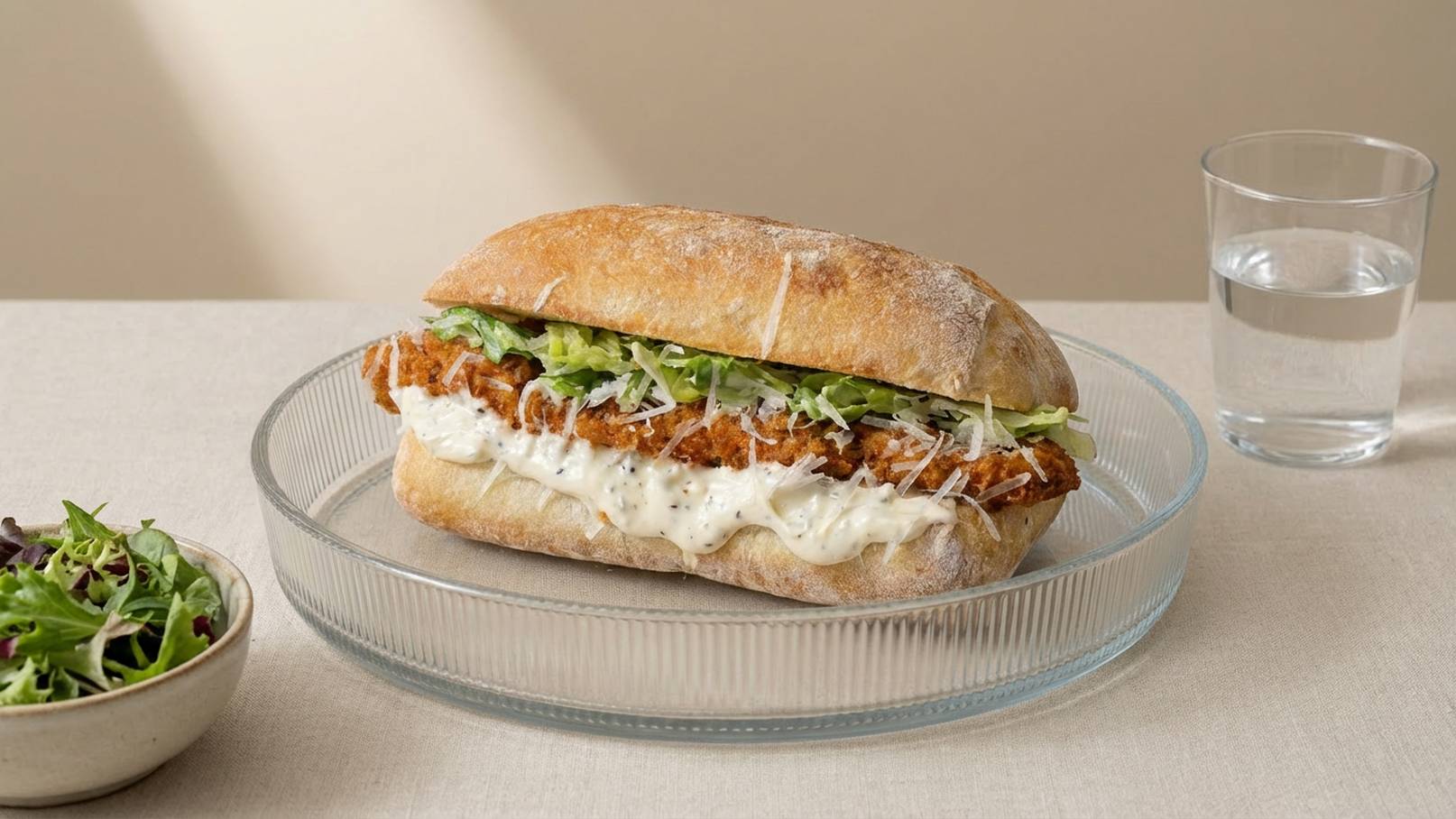 Das Bild zeigt ein belegtes Sandwich auf einem klaren Glasuntersetzer. Das Sandwich besteht aus einer knusprigen Füllung, Salat und einer cremigen Sauce. Neben dem Sandwich befindet sich ein kleiner Teller mit grünem Salat und ein Glas Wasser im Hintergrund.