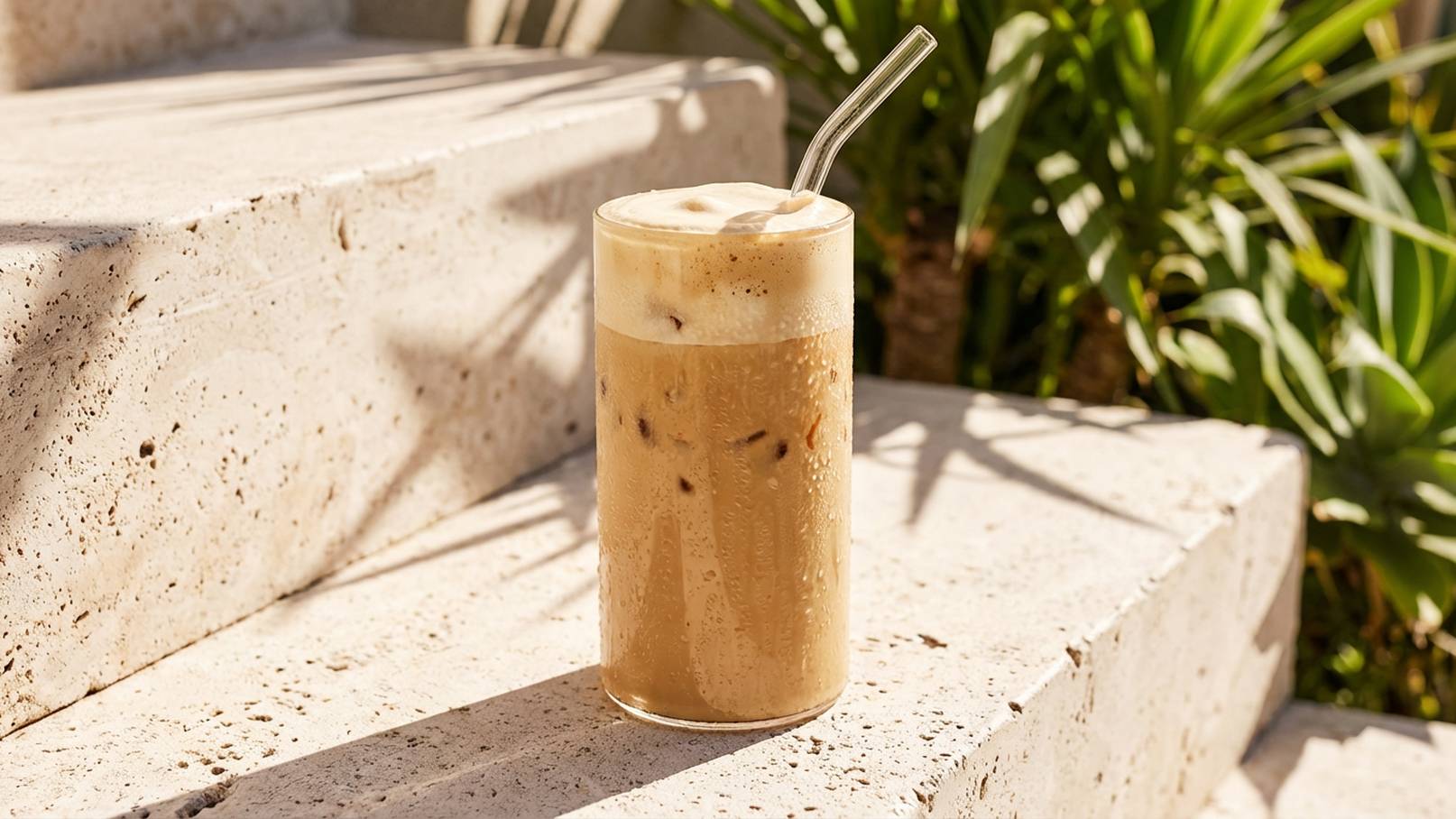 Ein hoher Glasbecher mit schaumigem, kaltem Kaffee steht auf einer Steinfläche. Ein erstaunlicher Strohhalm ist im Glas. Im Hintergrund sind unscharfe Pflanzen sichtbar, die eine entspannte Atmosphäre vermitteln.