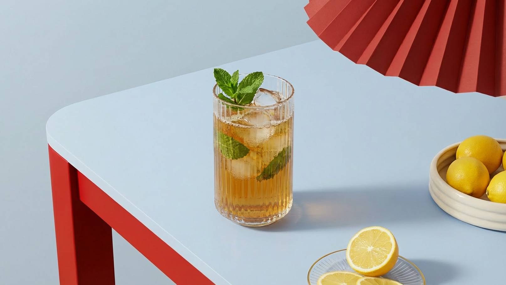 Ein Glas mit einem erfrischenden Getränk, gefüllt mit Eiswürfeln und garniert mit frischen Minzblättern, steht auf einem Tisch. Daneben liegt ein Teller mit mehreren gelben Zitronen sowie einige halbierte Zitronen.