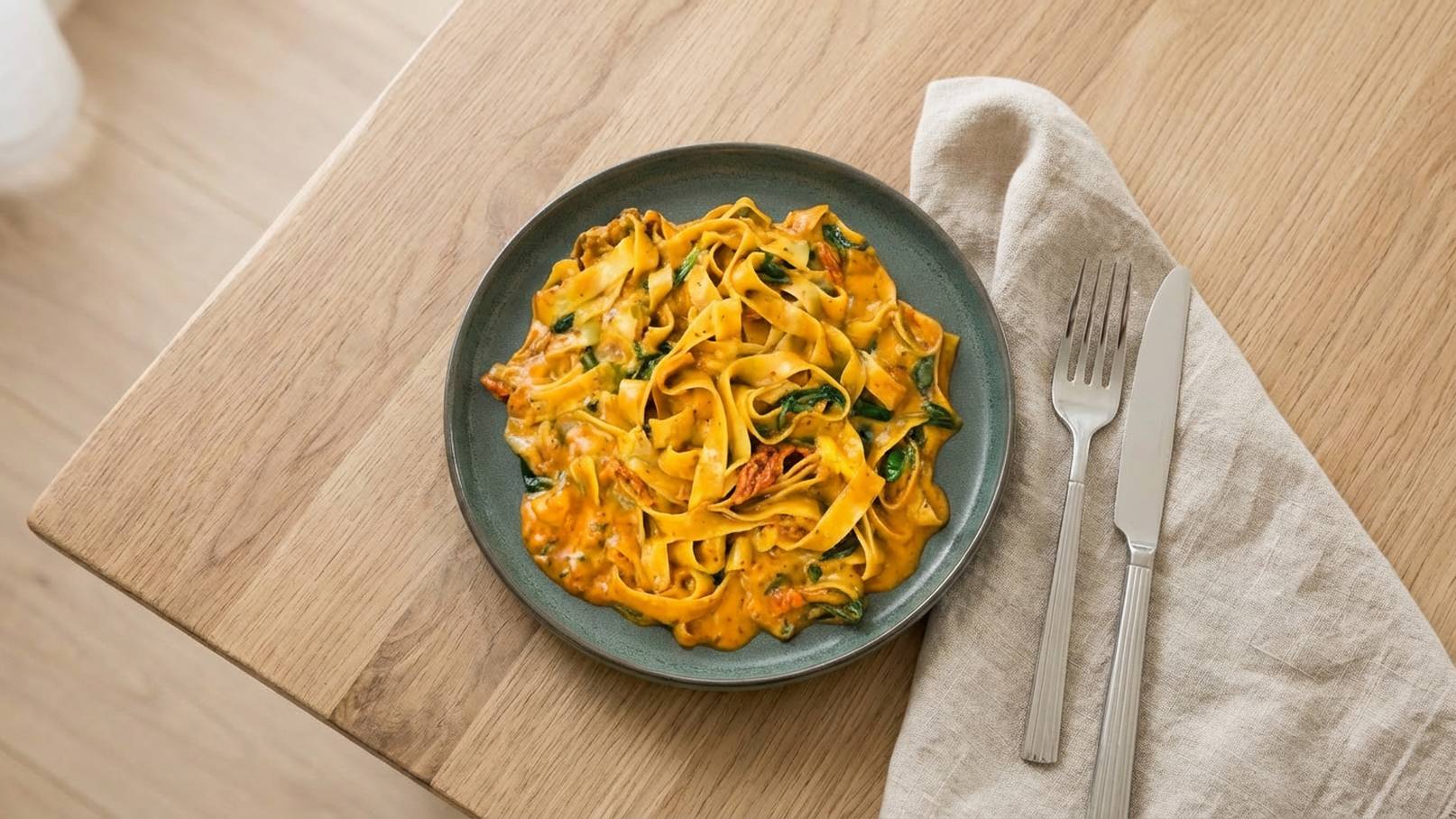 Ein Teller mit frischer Pasta, umhüllt von einer cremigen Sauce mit Spinat und Tomaten. Der Teller ist auf einem holzfarbenen Tisch platziert, neben einem Stoffserviette und einem Besteckset.