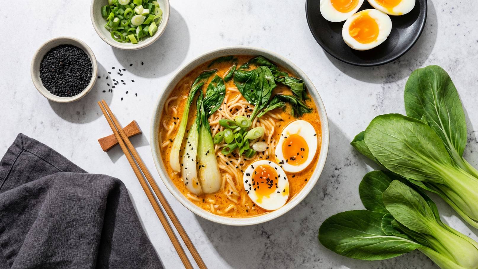 Eine Schüssel Ramen mit frischen Zutaten: Nudeln, Spinat, Frühlingszwiebeln und weichgekochte Eier. Daneben liegen schwarze Sesamsamen in einer kleinen Schale sowie ein Teller mit weiteren Eiern. Grünzeug, darunter Pak Choi, ergänzt das Bild. Chopsticks sind auf einem Holzteller platziert.