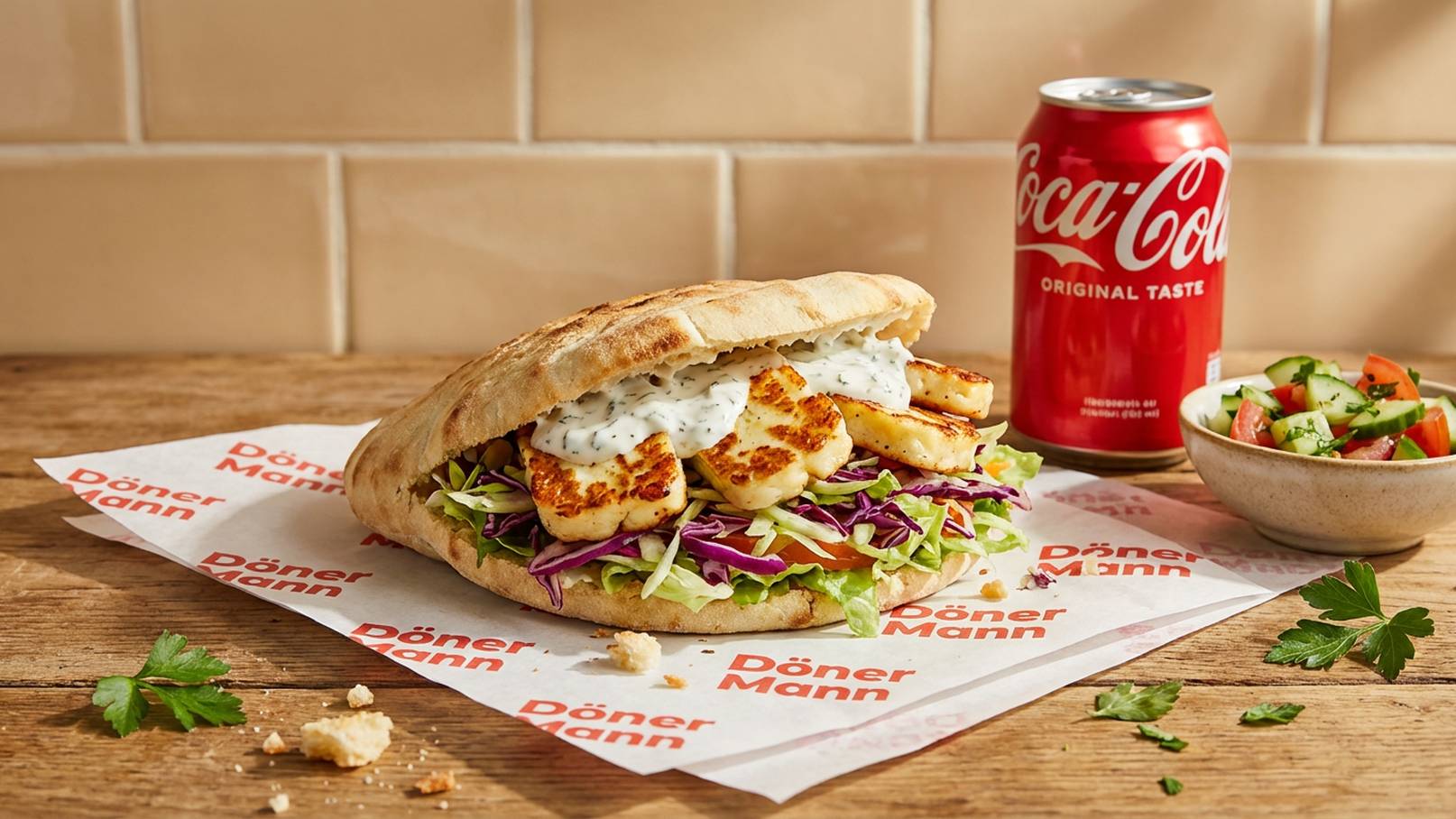 Ein frisch zubereiteter Döner im Fladenbrot, gefüllt mit Salat, Rotkohl und gebratenem Hähnchen. Neben dem Döner steht ein Glas mit Coca-Cola und eine kleine Schüssel mit gemischtem Salat. Der Hintergrund ist hell und die Präsentation ist ansprechend.