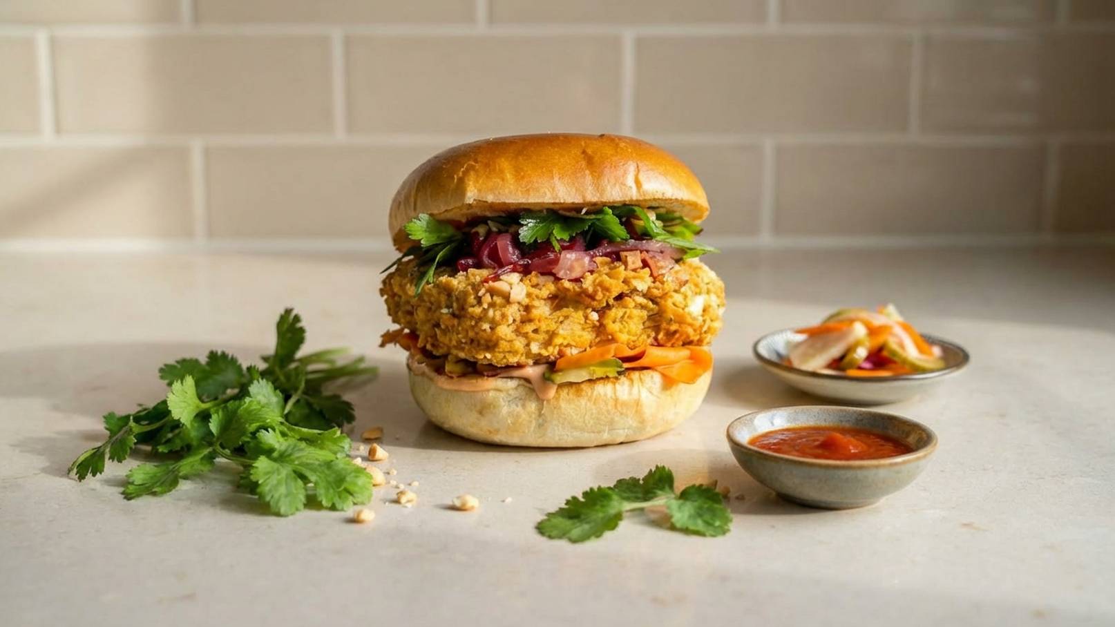 Ein appetitlicher Burger mit einer knusprigen, mit Kräutern und Gemüse belegten Pattie. Der Burger ist mit frischem Salat und roten Zwiebeln garniert, auf einem weichen Brötchen. Daneben befinden sich kleine Schalen mit Saucen und frischen Kräutern.