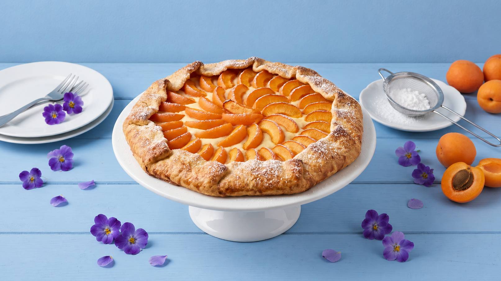 Ein runder Aprikosen-Obstkuchen steht auf einem weißen Tortenständer. Der Kuchen hat eine goldene Kruste und ist mit appetitlich angeordneten, frischen Aprikosenstücken belegt. Umgeben von lila Blüten, einer Zuckerschale und Fruchtstücken auf einem blauen Tisch.