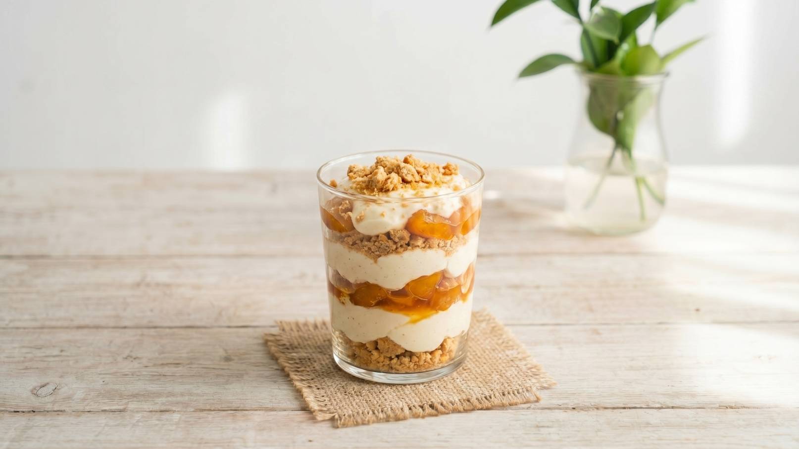 Ein Glas Dessert mit Schichten aus Mousse, Früchten und knusprigen Keksen steht auf einem Holztisch. Das Dessert ist hübsch dekoriert und hat eine goldene Farbe durch die Früchte. Im Hintergrund ist ein kleiner Blumenstrauß in einem Glas sichtbar.