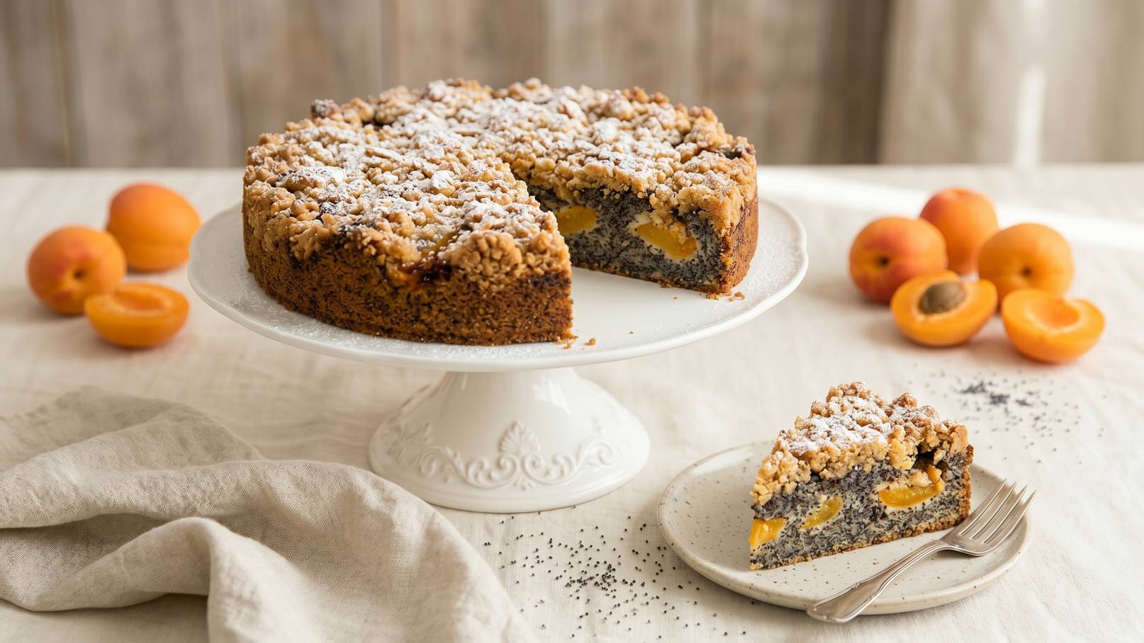 Ein gefrosteter Aprikosenkuchen mit einer Mohnfüllung steht auf einem weißen Tortenteller. Ein Stück des Kuchens ist auf einem kleinen Teller daneben serviert, umgeben von frischen Aprikosen und einer hellen Tischdecke.