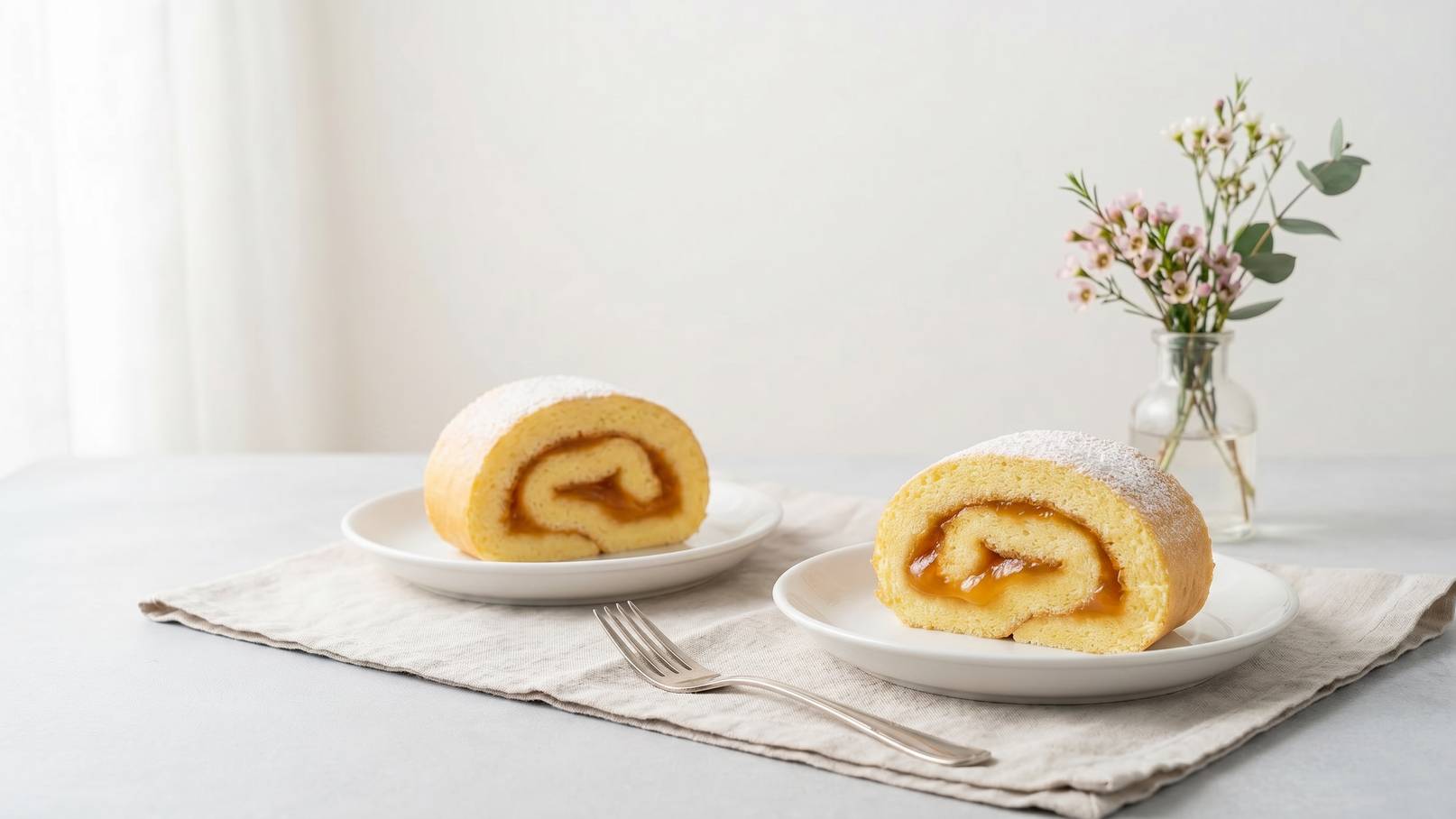 Zwei Teller mit aufgeschnittenem Biskuitrollen-Kuchen, gefüllt mit Marmelade und leicht mit Puderzucker bestreut, liegen auf einem Tisch. Im Hintergrund steht eine kleine Vase mit frischen Blumen.