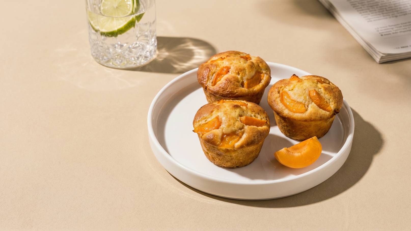 Auf einem weißen Teller liegen drei frische Muffins mit Aprikosenstücken. Neben dem Teller befindet sich eine Glas Wasser mit Limettenscheibe. Der Hintergrund ist hell und neutral gehalten.