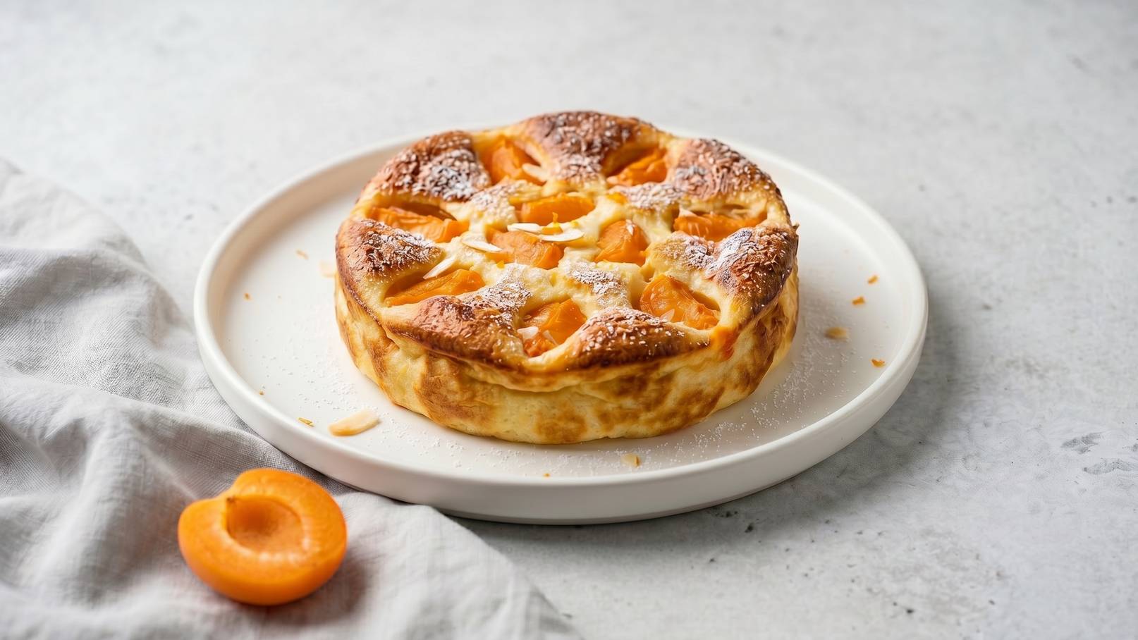 Ein frisch gebackener Aprikosenkuchen auf einem weißen Teller. Der Kuchen hat goldene, saftige Aprikosenstückchen auf der Oberseite, die von einer knusprigen Kruste umgeben sind. Neben dem Teller liegt eine aprikosenförmige Frucht.