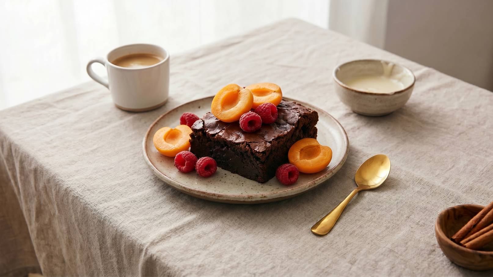Auf einem Tisch liegt ein Teller mit einem Stück Schokoladenkuchen, garniert mit frischen Himbeeren und Aprikosen. Neben dem Teller steht eine Tasse Kaffee und eine kleine Schale mit Sahne. Ein goldener Löffel liegt auf dem Tisch.