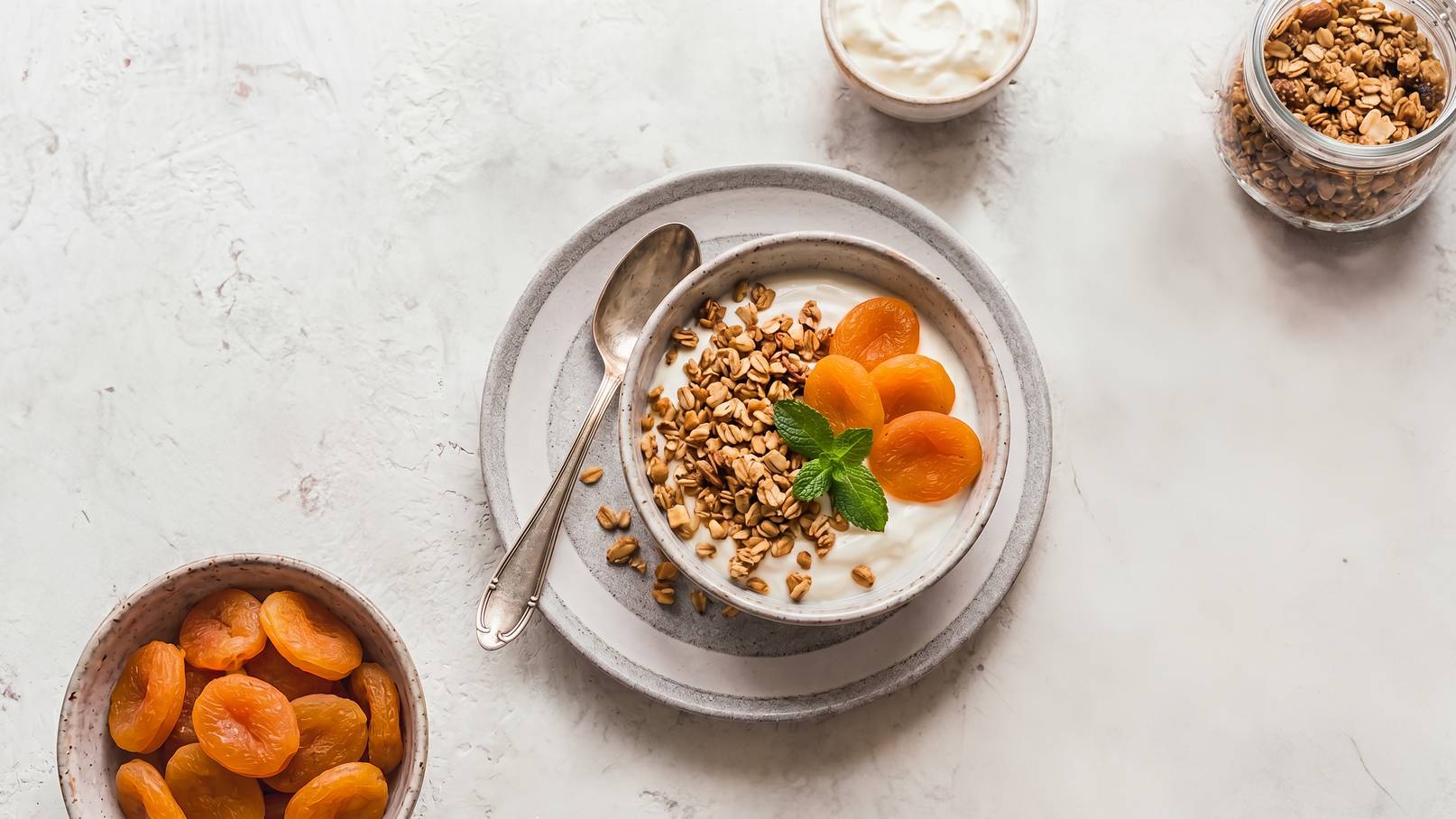 Eine Schüssel mit Joghurt ist mit Müsli und getrockneten Aprikosen belegt. Daneben liegen ein kleiner Löffel, ein Behälter mit Granola und eine weitere kleine Schüssel mit getrockneten Aprikosen. Frische Minze dekoriert das Joghurtgericht.