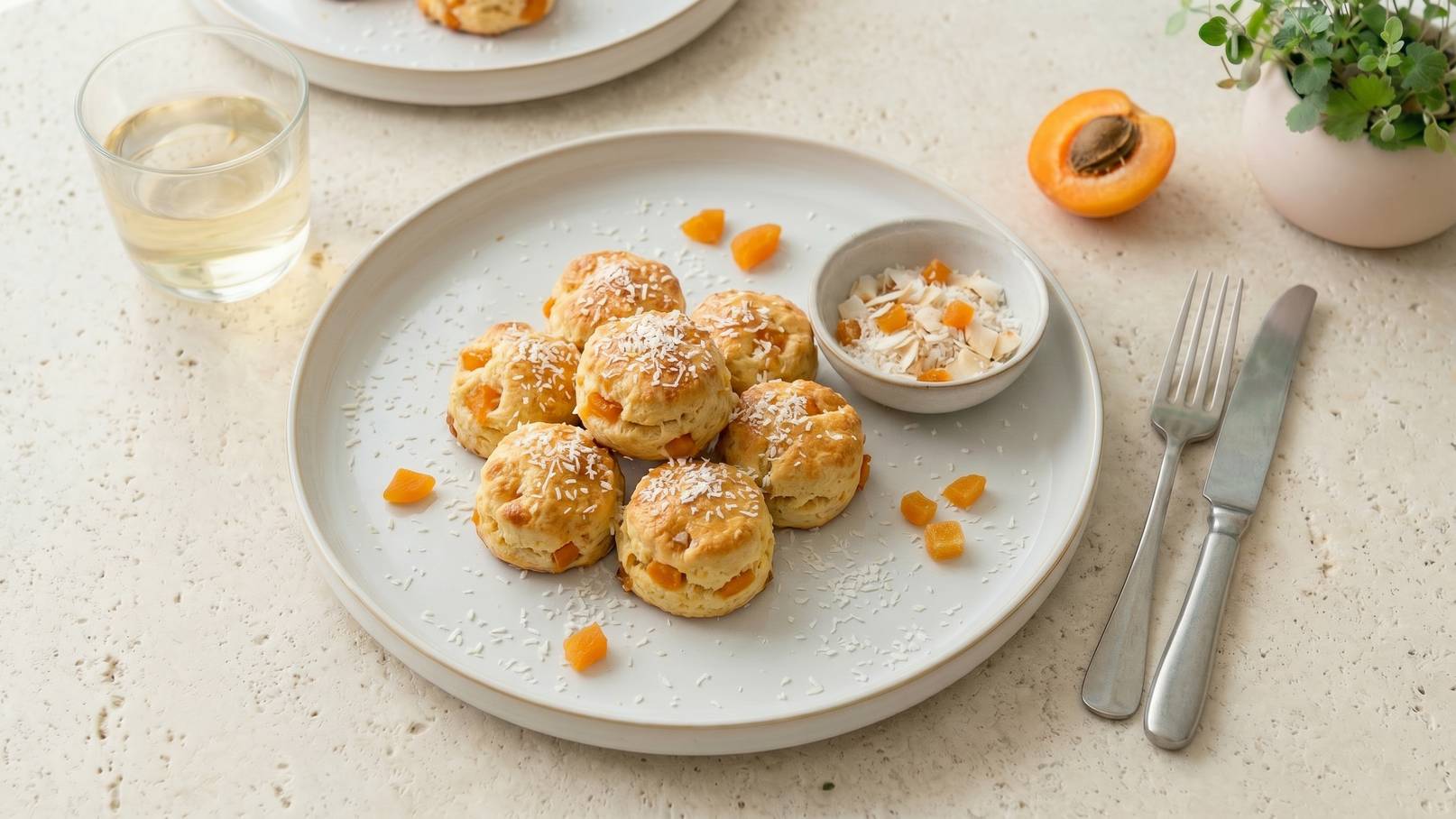 Auf einem weißen Teller liegen mehrere goldene Scones mit Aprikosenstückchen und einer Kokosnuss-Beschichtung. Neben den Scones steht eine kleine Schüssel mit gehackten Trockenfrüchten. Im Hintergrund befindet sich ein Glas Wasser und eine kleine Pflanze.